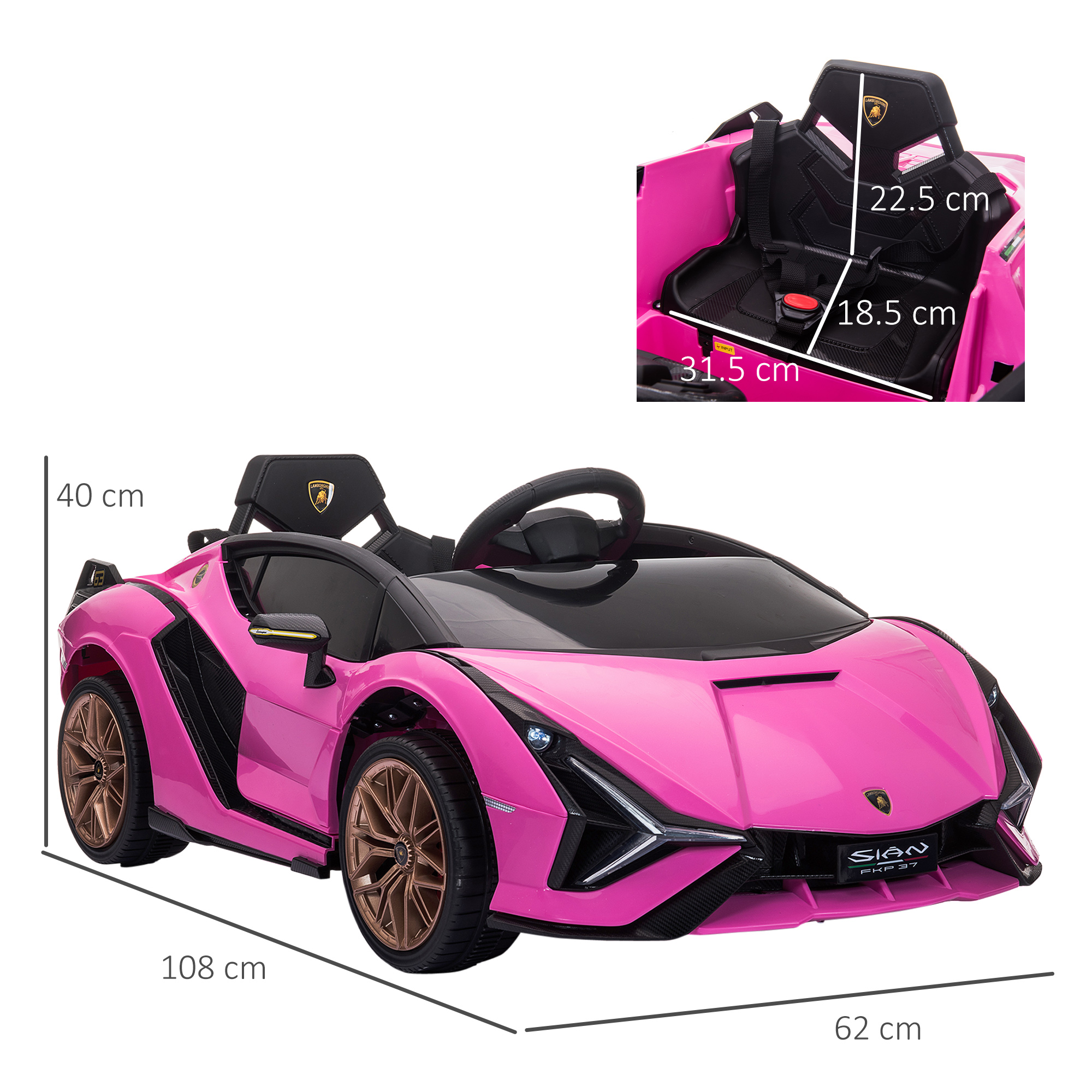 Auto giocattolo Lamborghini rosa con dettagli dimensionali. Sedile e ruote neri, cerchi bronzo.