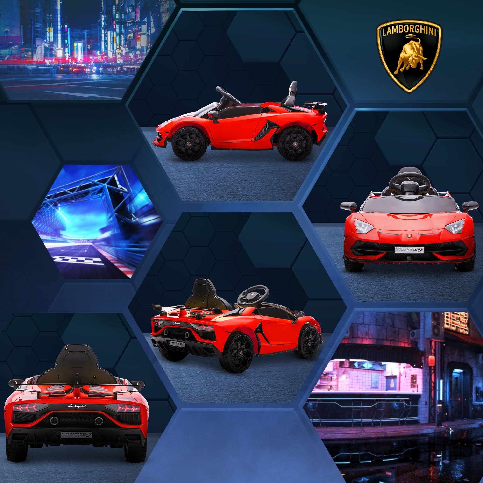Collage di macchinine Lamborghini rosse. Varie angolazioni e ambientazioni, inclusa una scena notturna cittadina.