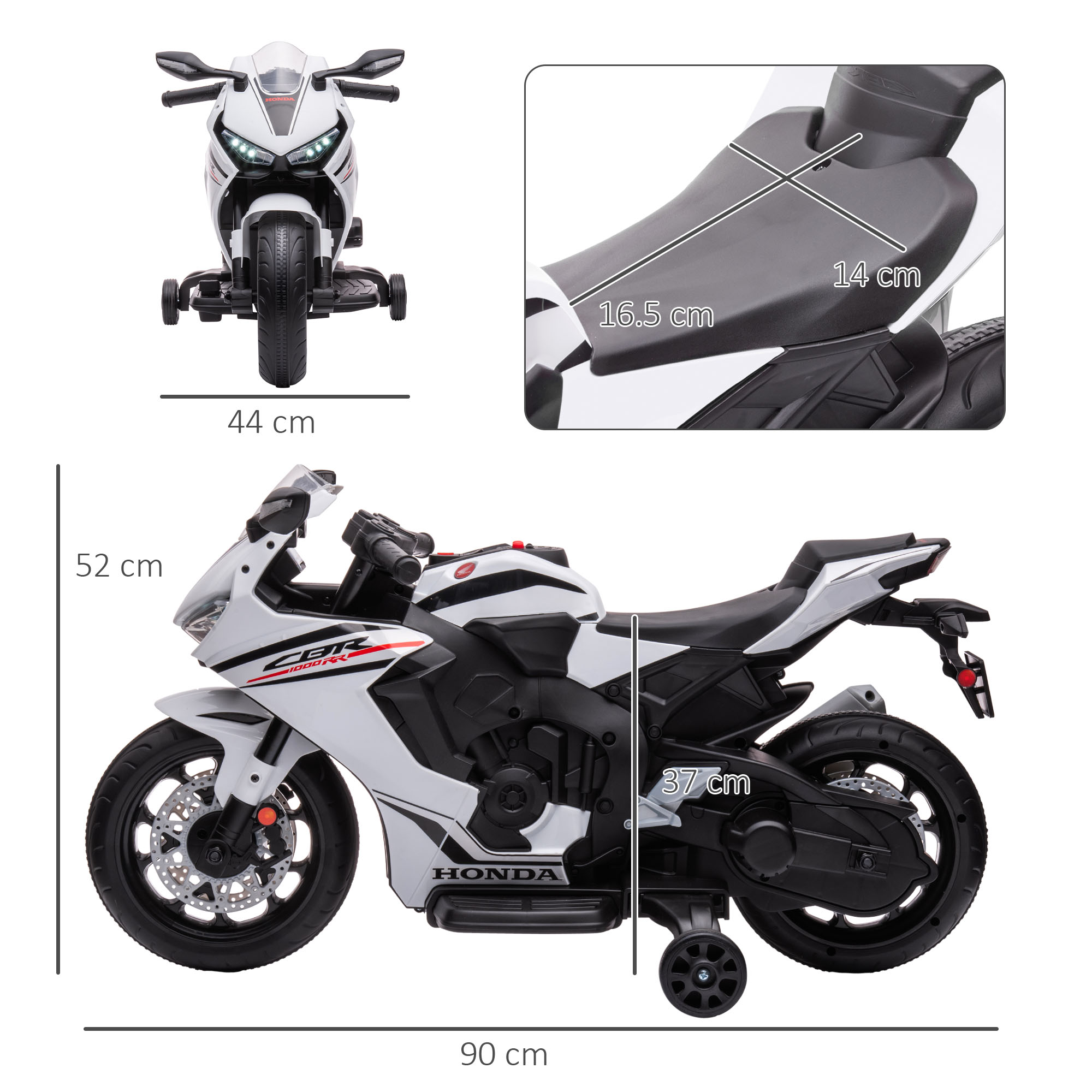 Moto giocattolo bianca con etichette delle dimensioni. Primo piano mostra le dimensioni del sedile. Dimensioni sulla moto.