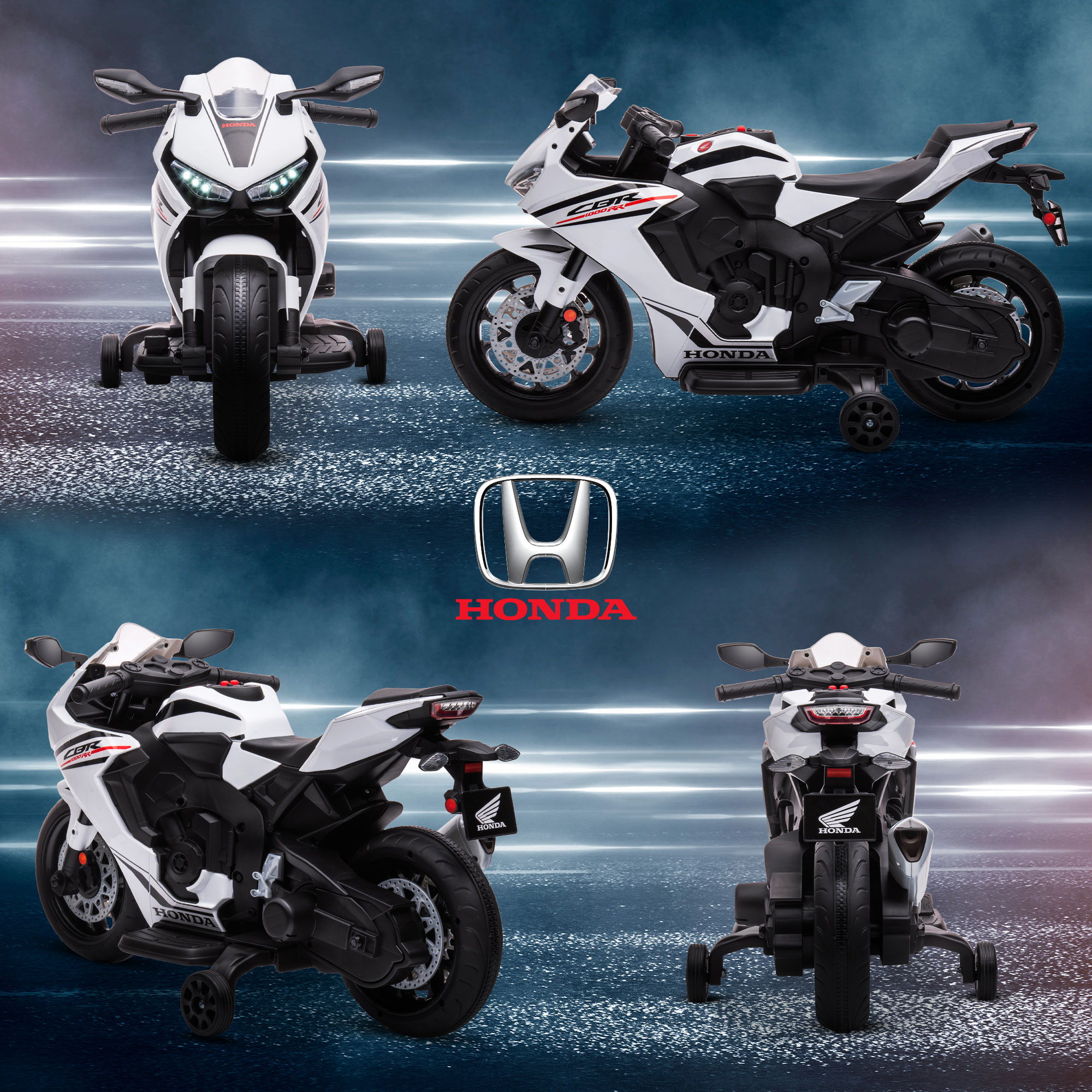 Diverse viste di una moto giocattolo bianca e nera con logo 'HONDA' su sfondo blu.