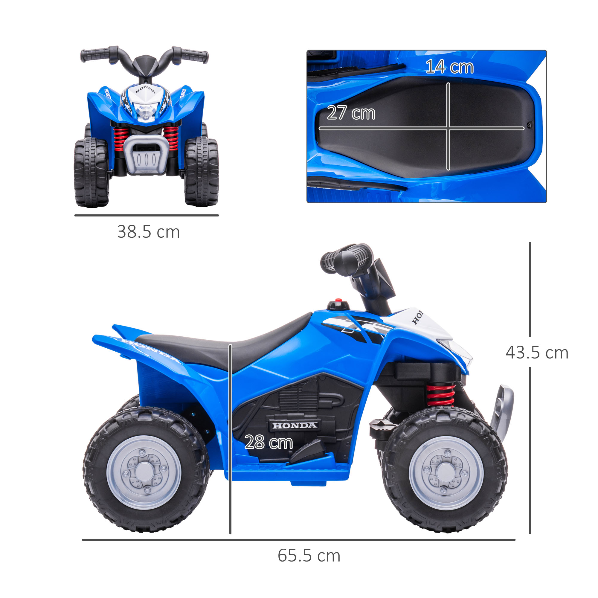 ATV giocattolo blu con dimensioni. Ruote e sedile neri, ammortizzatori rossi.