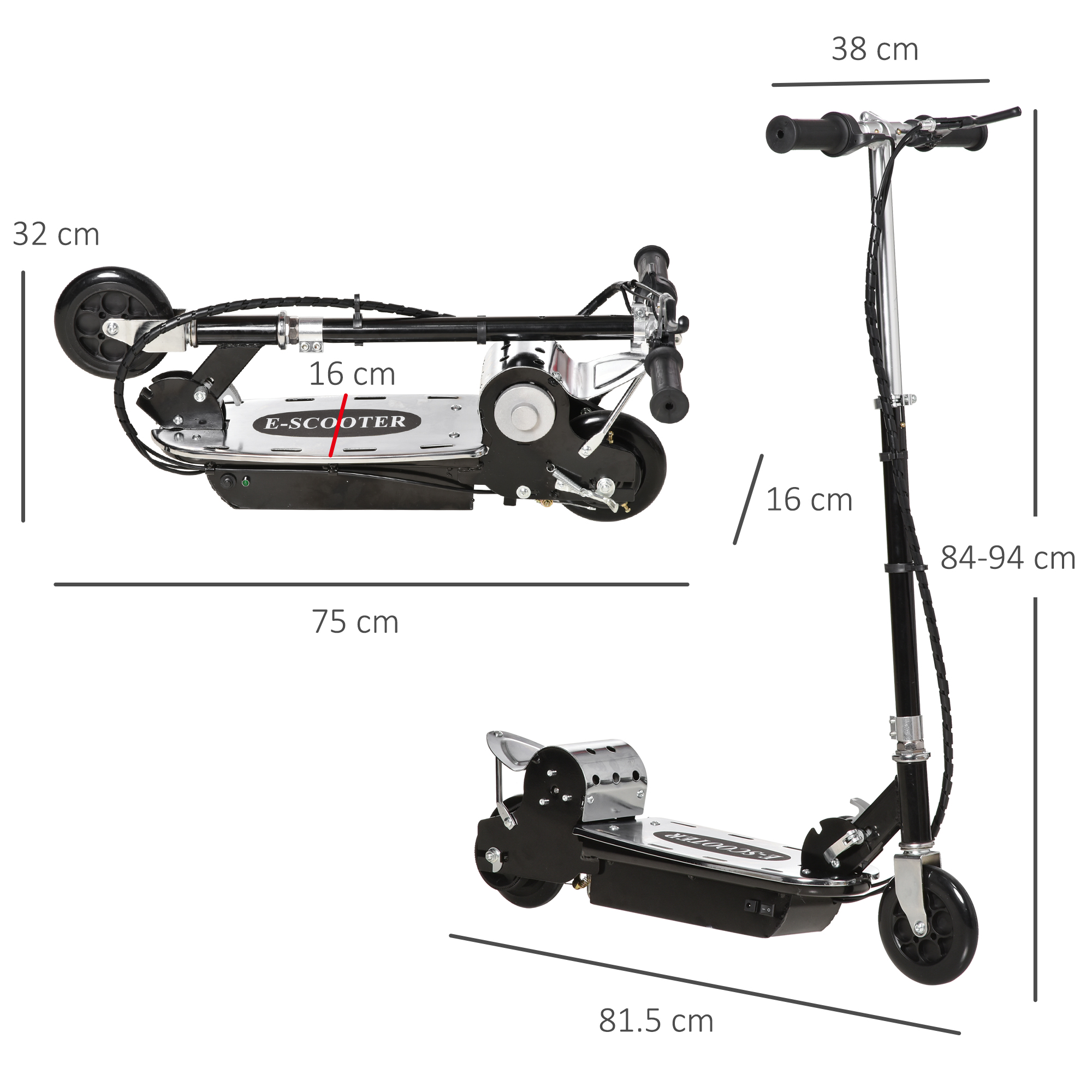 Monopattino giocattolo nero con etichette delle dimensioni. Primo piano mostra le dimensioni. Dimensioni sullo scooter.