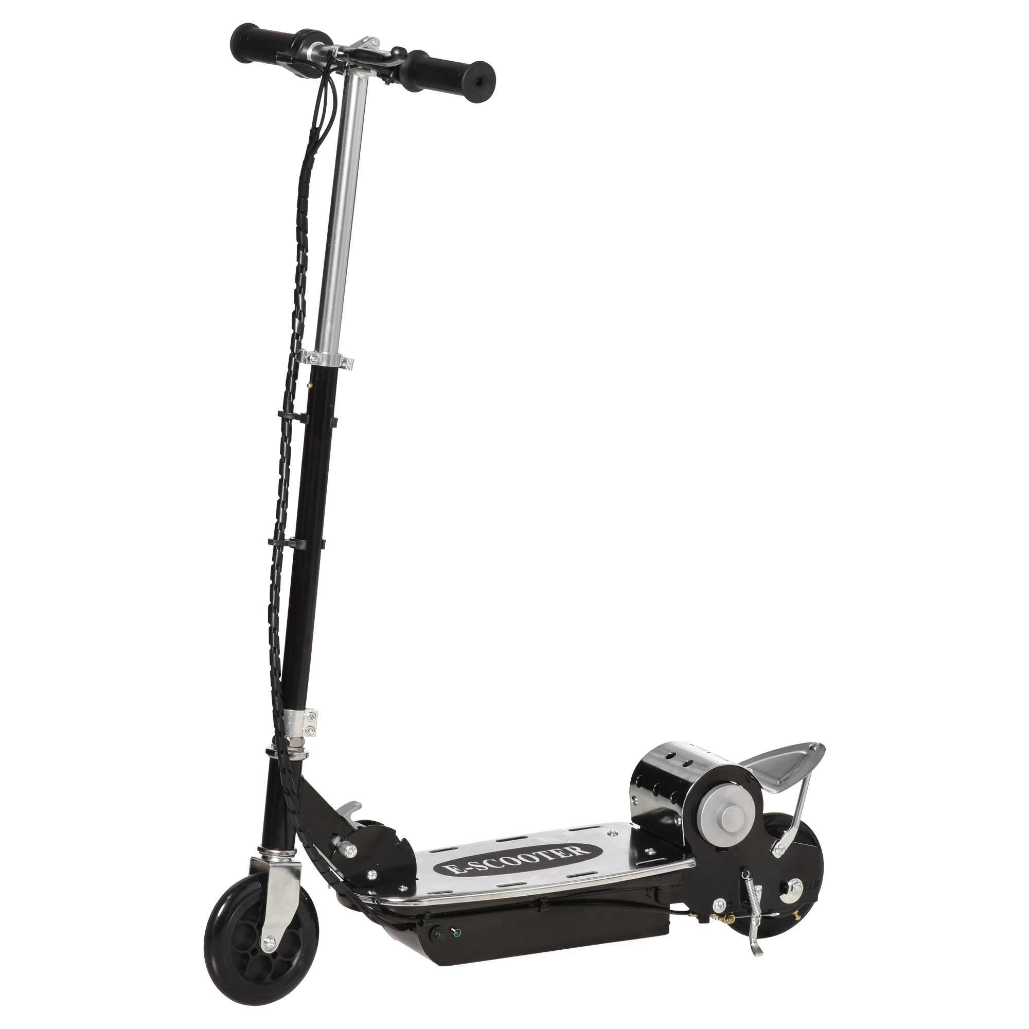 Scooter elettrico nero e argento con manubrio e ruota nera.