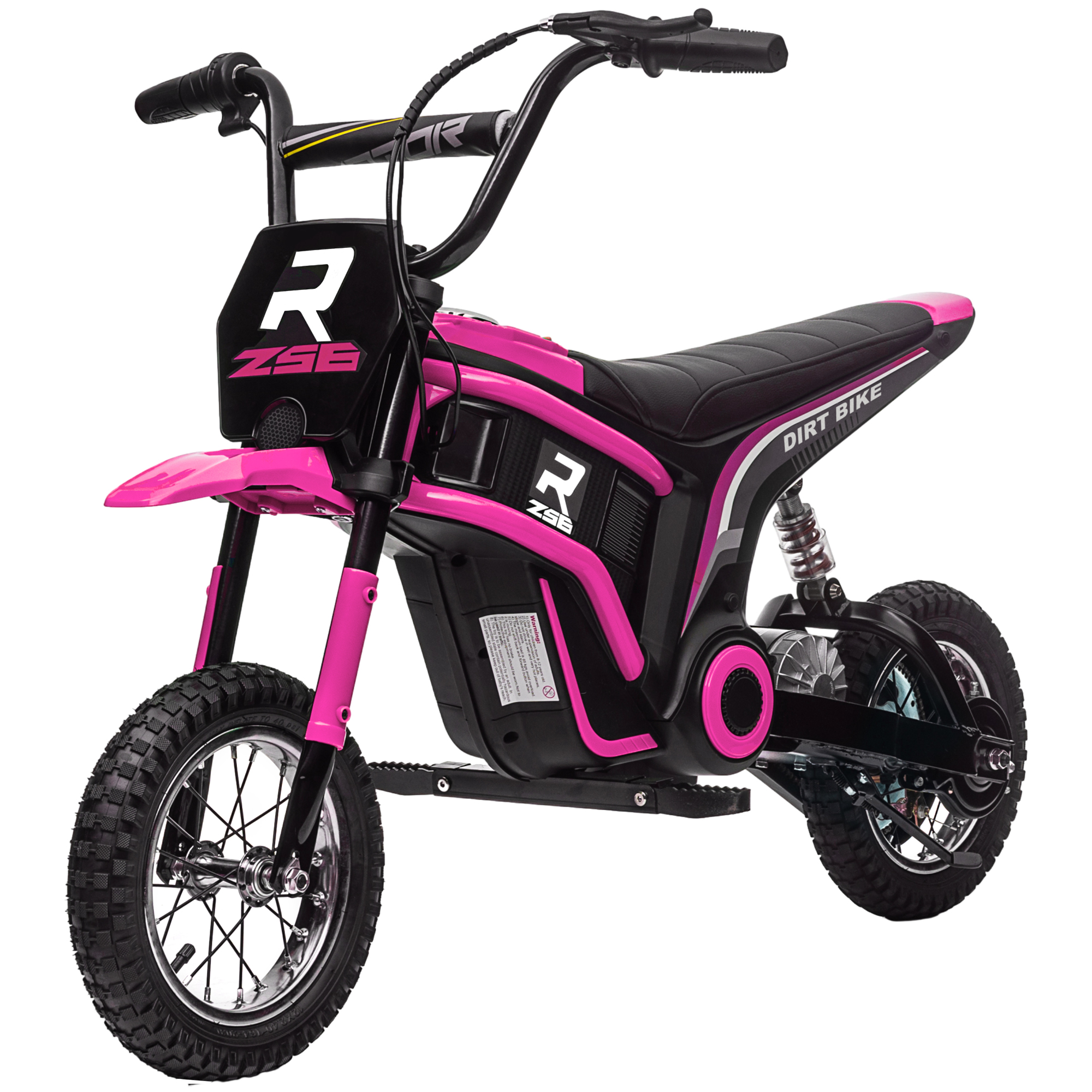 Moto da cross giocattolo rosa e nera con sella e manubrio neri. È isolata su bianco.