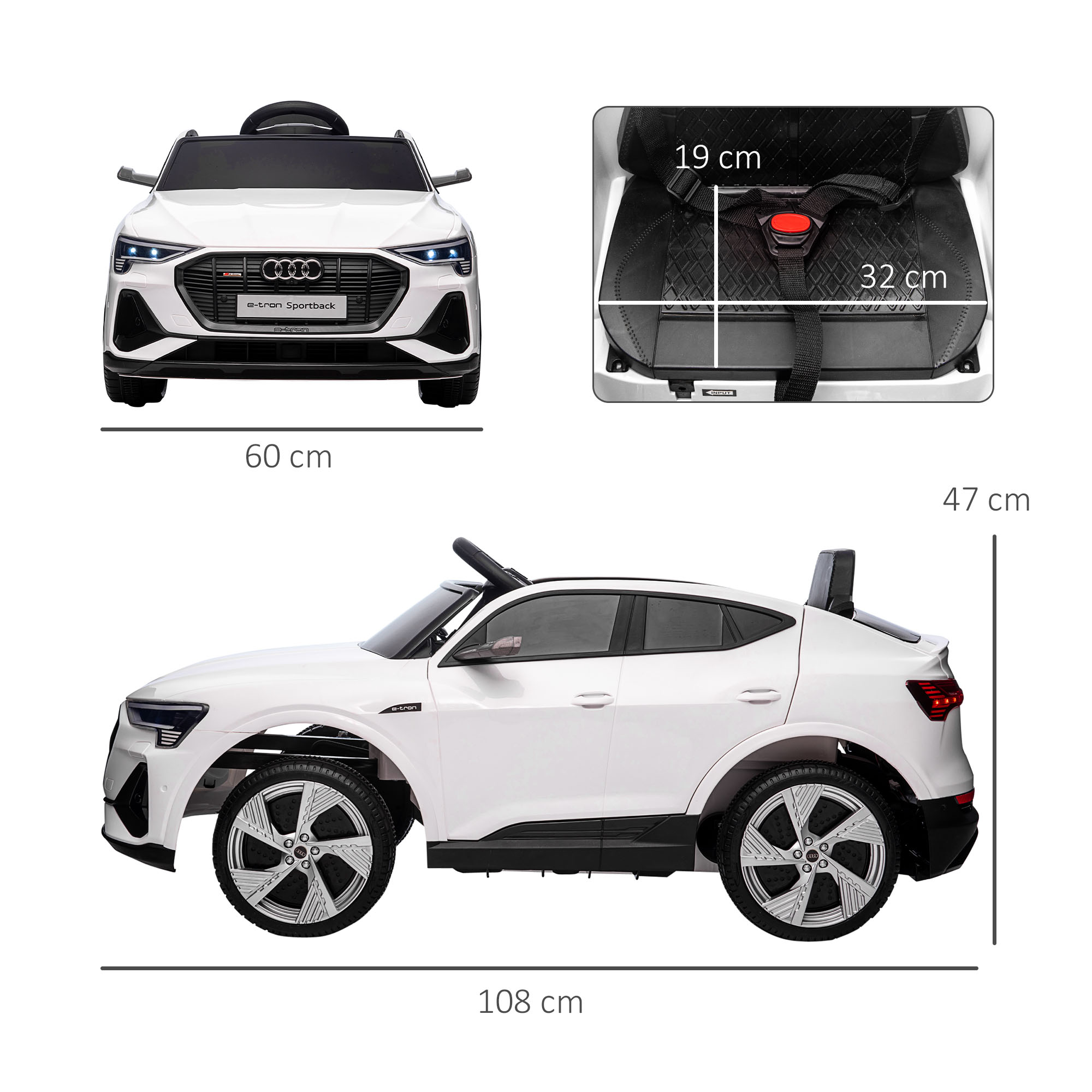 Un'auto giocattolo bianca, le dimensioni sono mostrate. L'auto misura: 108 cm di lunghezza, 60 cm di larghezza e 47 cm di altezza.