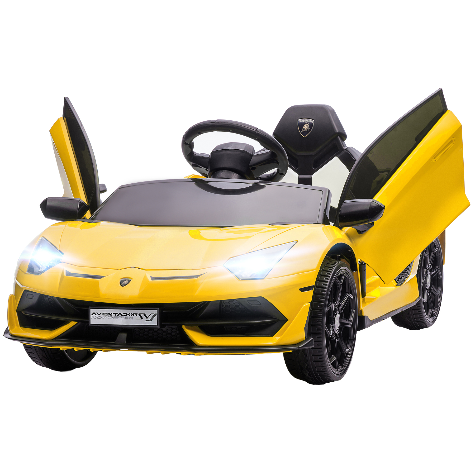 Una Lamborghini giocattolo gialla con le porte aperte. L'auto ha ruote nere e interni neri.