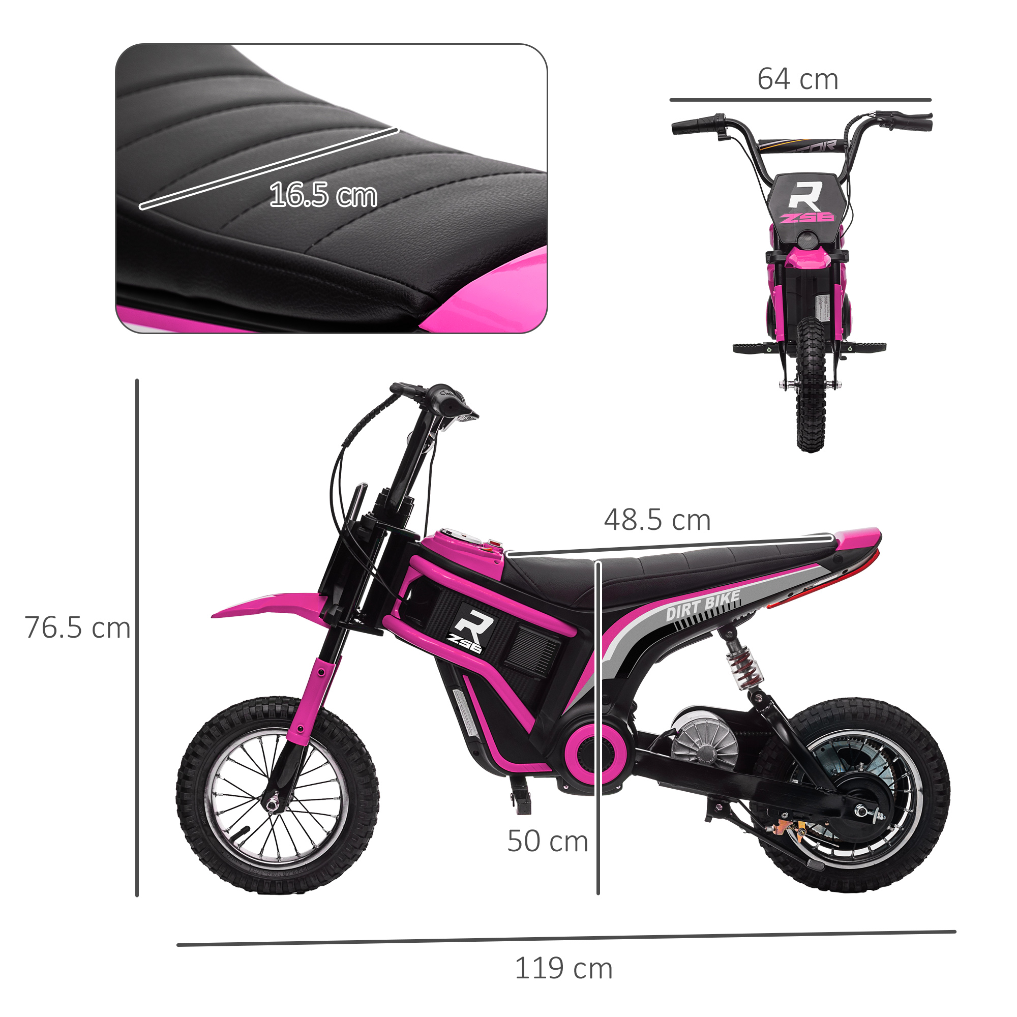 Una moto da cross giocattolo rosa con dimensioni. Lo sfondo è bianco.