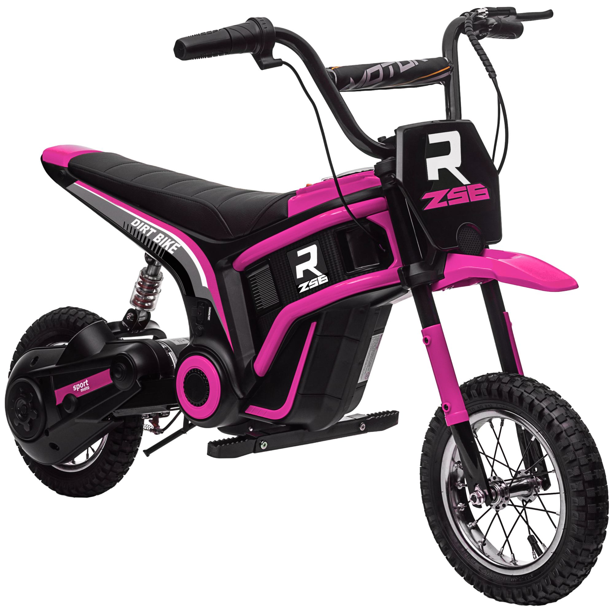 Moto da cross rosa e nera. Manubrio, sella e ruote neri.