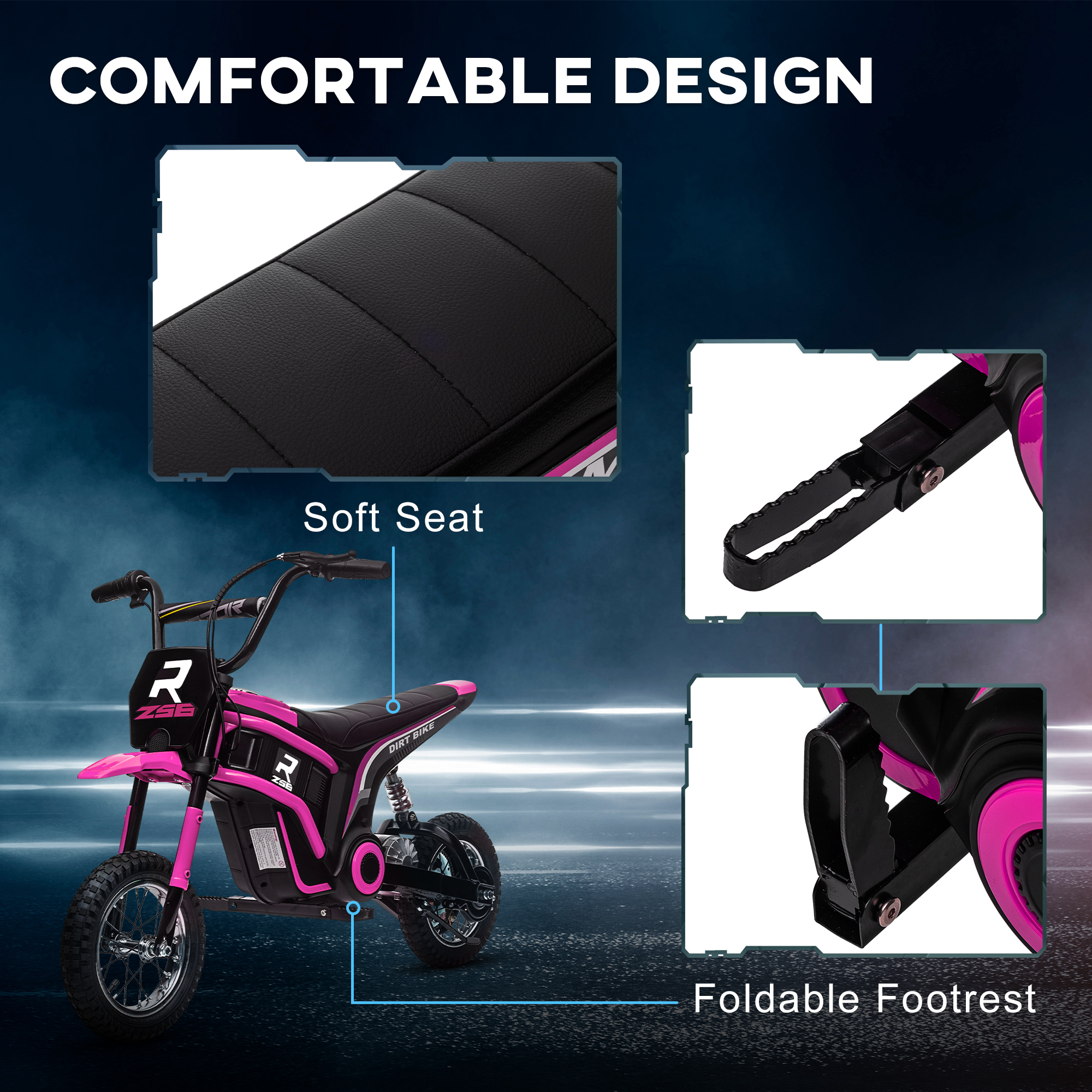 Moto da cross giocattolo rosa con caratteristiche etichettate: sedile morbido, poggiapiedi pieghevole. Telaio nero, testo: design confortevole.