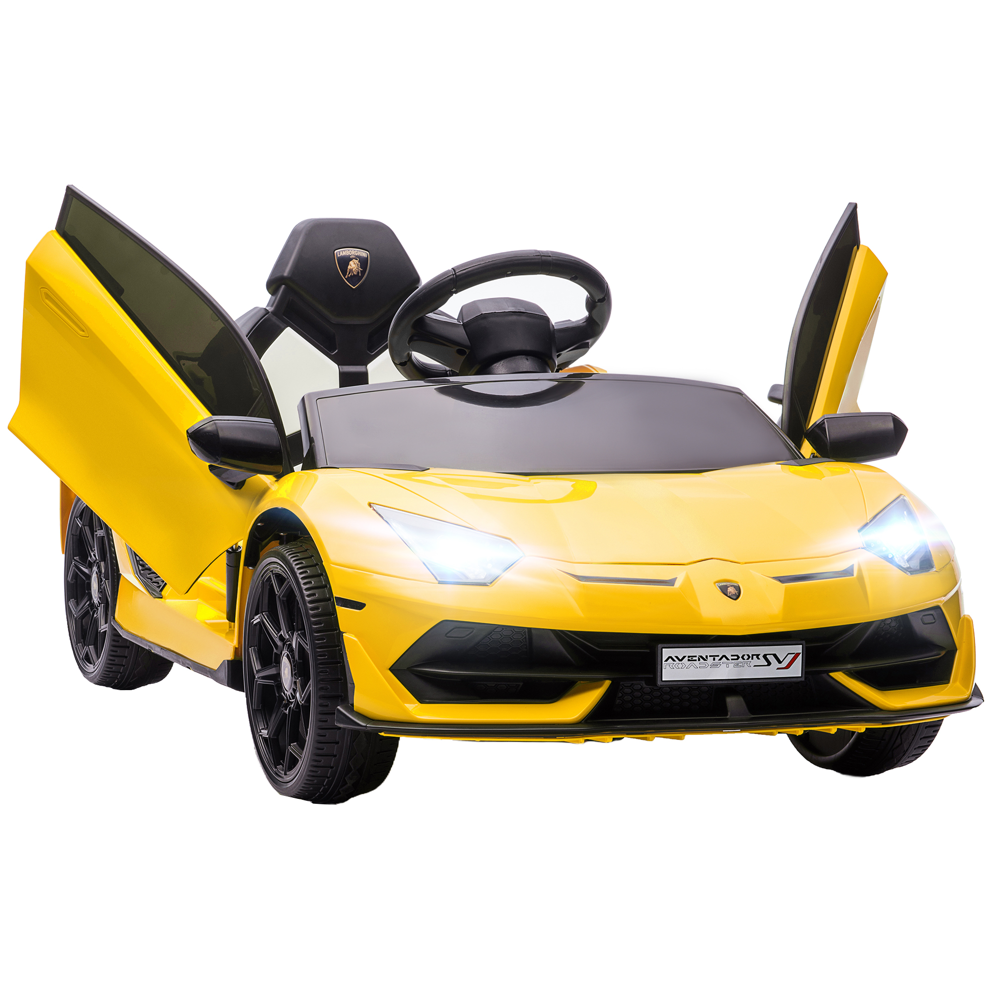 Un'auto giocattolo Lamborghini gialla con le porte aperte. Lo sfondo è bianco.