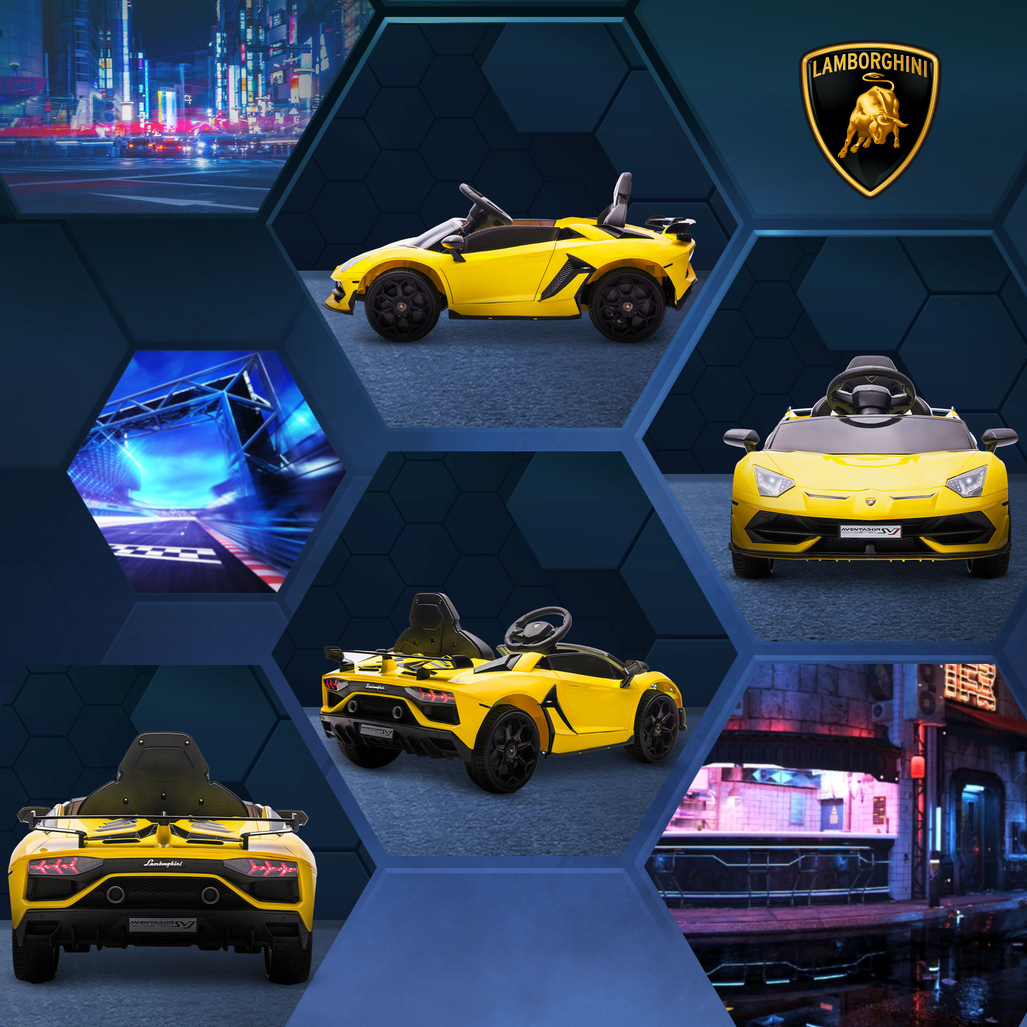 Collage di macchinine Lamborghini gialle. Varie angolazioni e ambientazioni, inclusa una scena notturna cittadina.