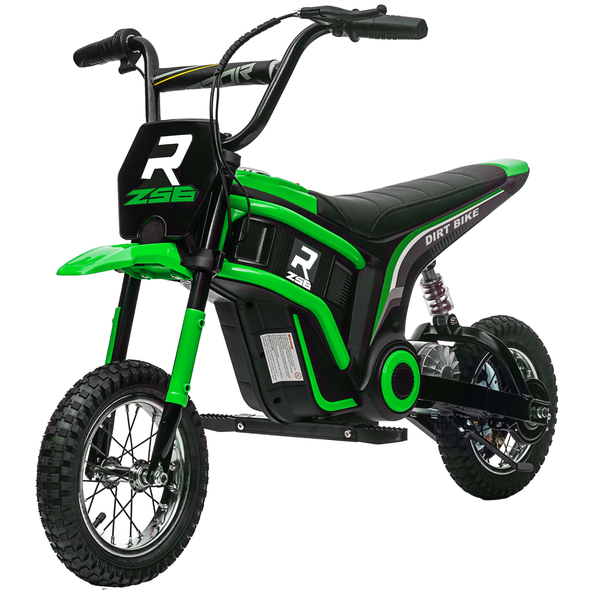 Moto da cross elettrica verde e nera. Presenta un sedile e un manubrio neri.