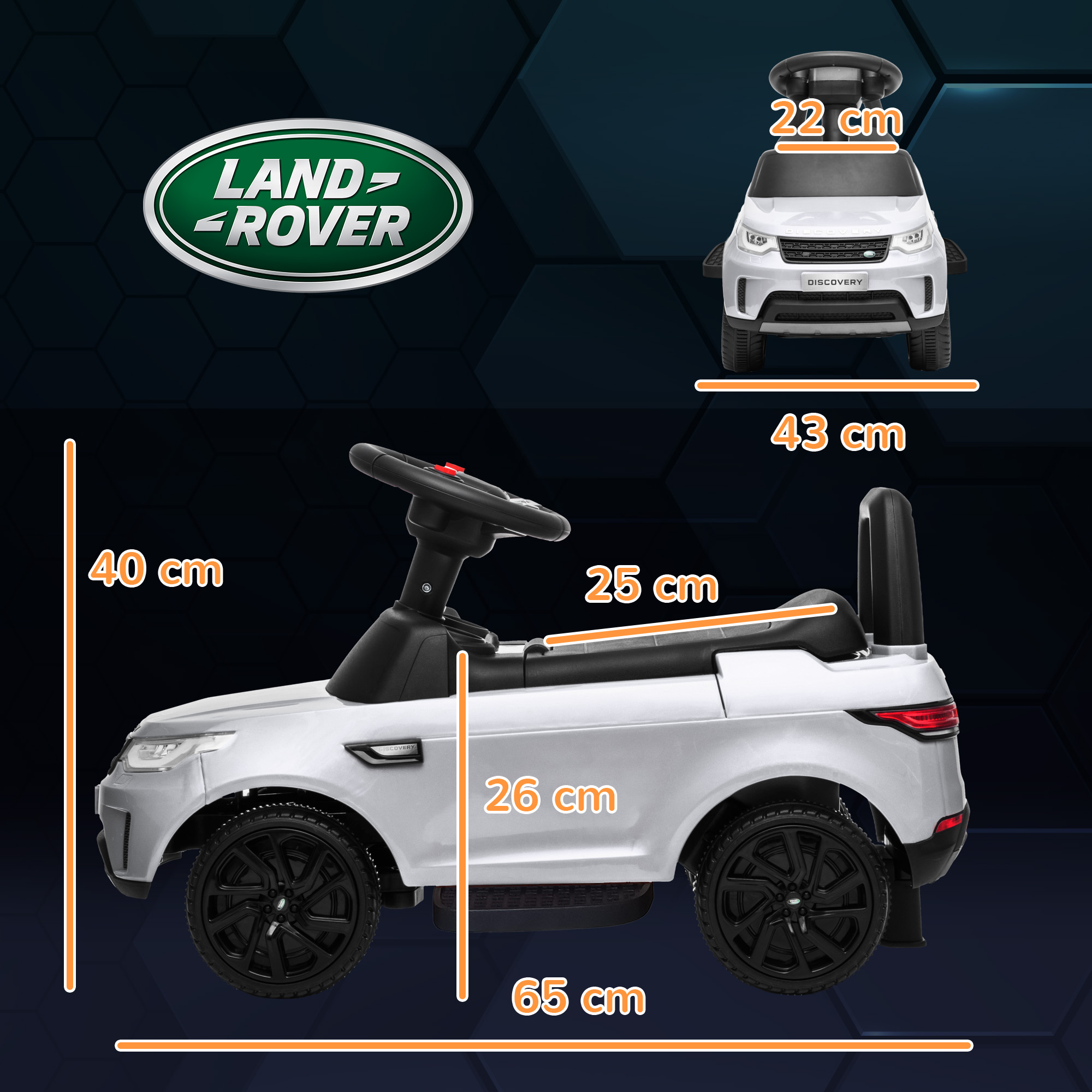 Auto giocattolo Land Rover Discovery bianca con dimensioni, inclusa la larghezza di 43 cm.
