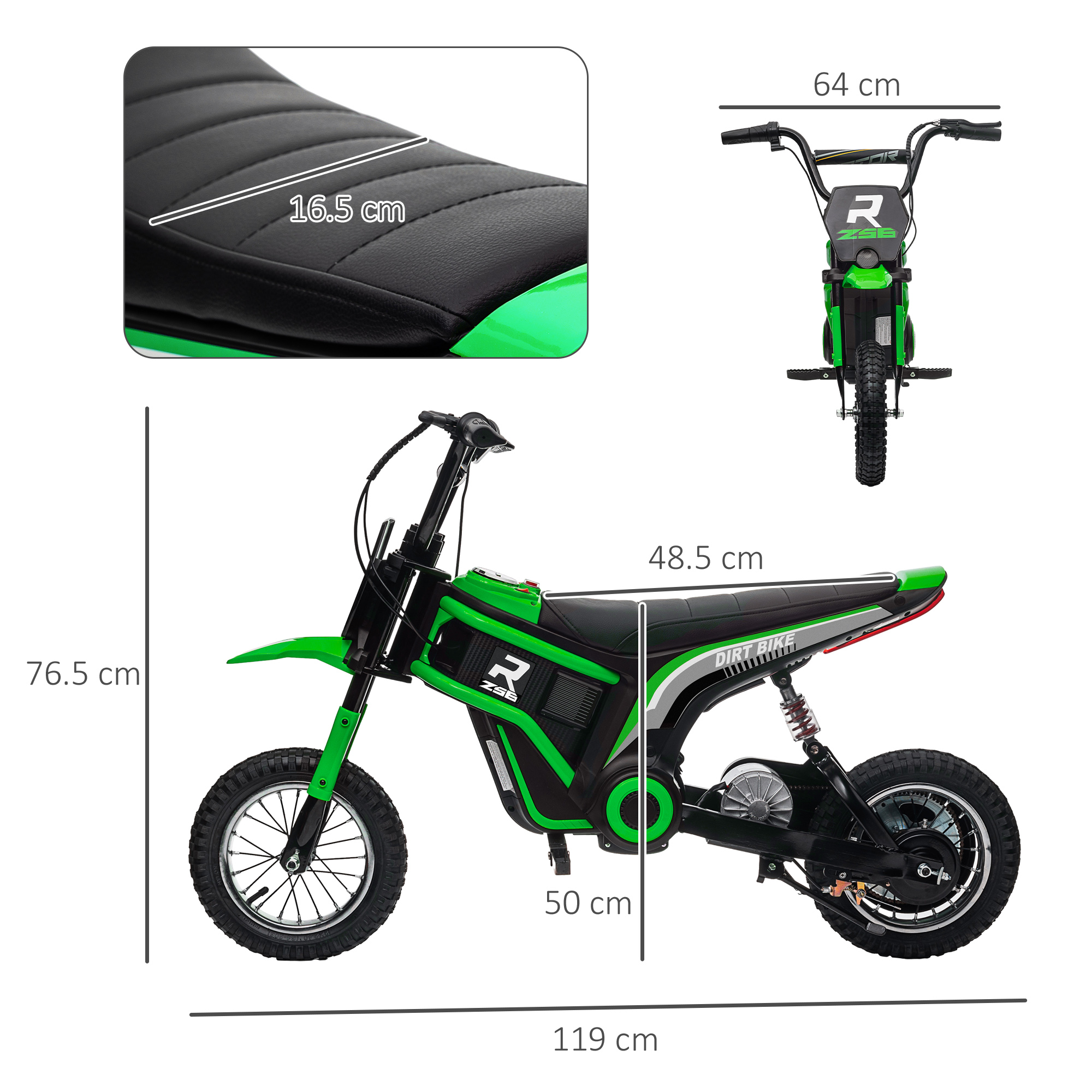 Moto da cross verde. Manubrio, sella e ruote neri. Dettagli dimensionali.
