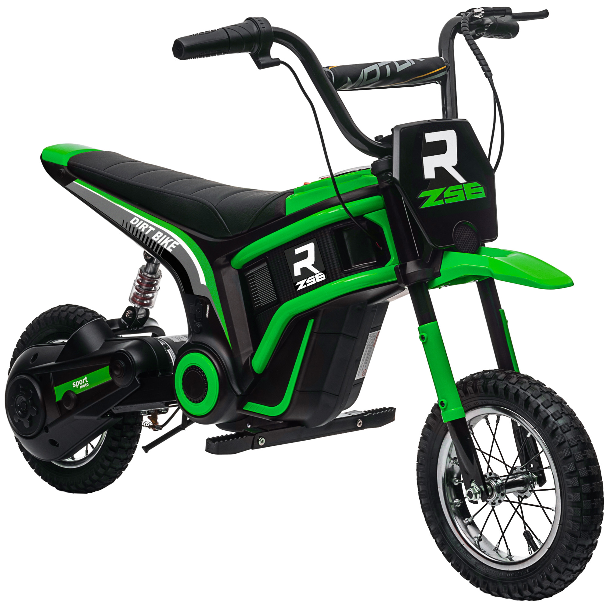 Una moto da cross giocattolo verde e nera con sella nera. La moto è su uno sfondo bianco.