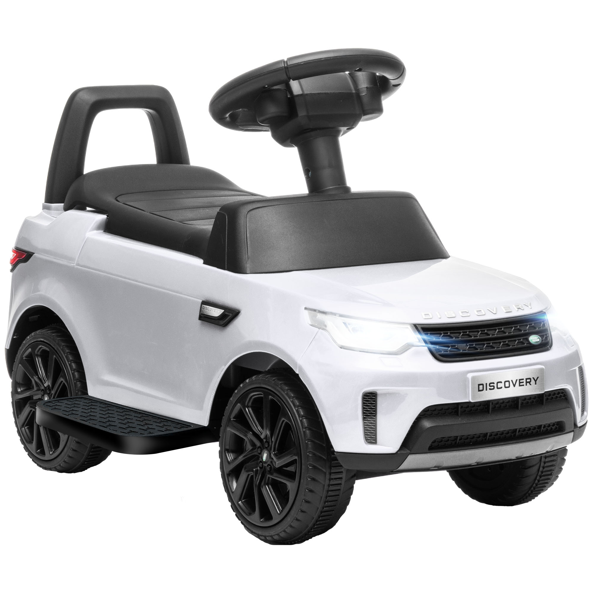 Auto giocattolo bianca con ruote nere. Vista frontale che mostra i fari e la scritta DISCOVERY sul davanti.