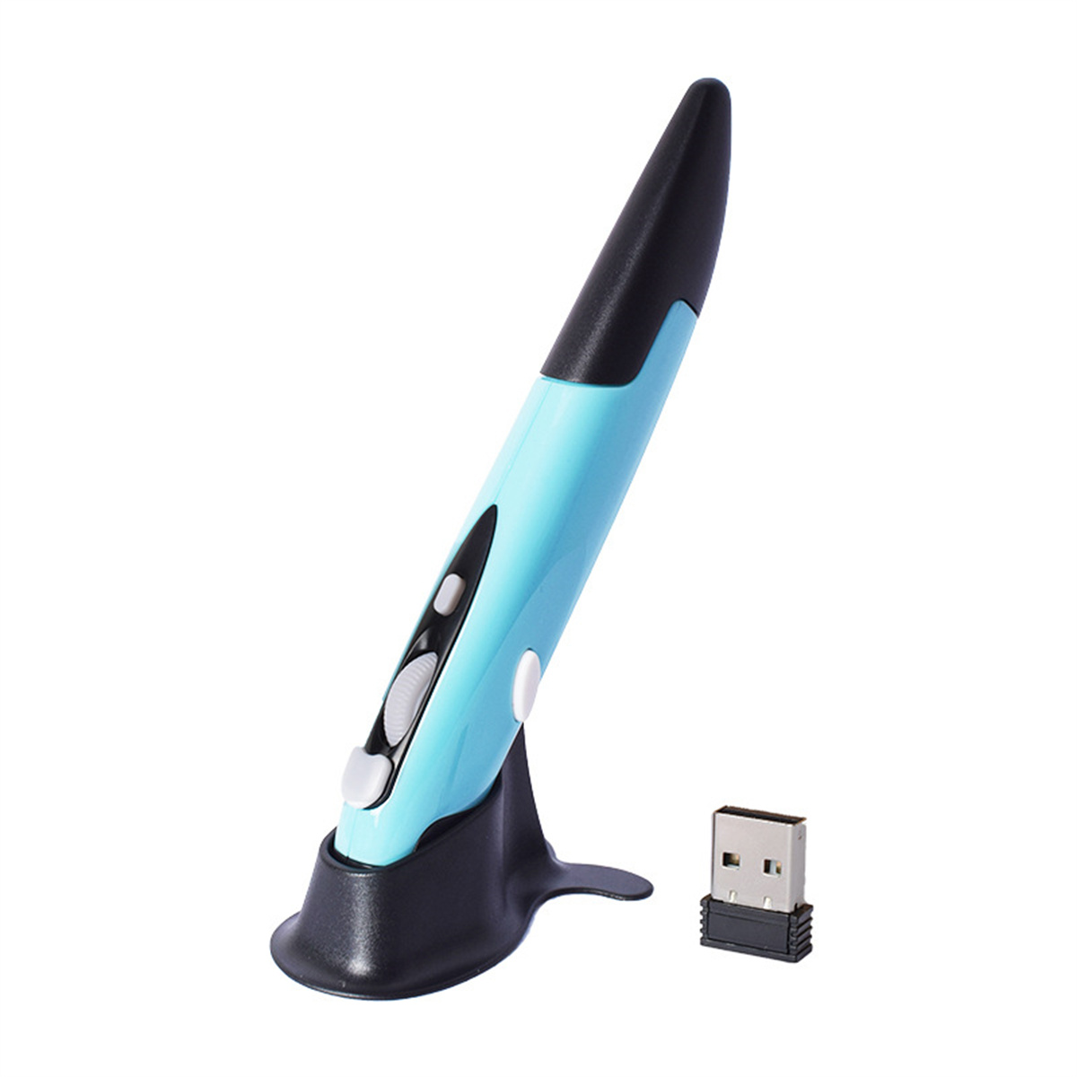 Ein blau-schwarzer Eingabestift mit Ständer und USB-Empfänger.