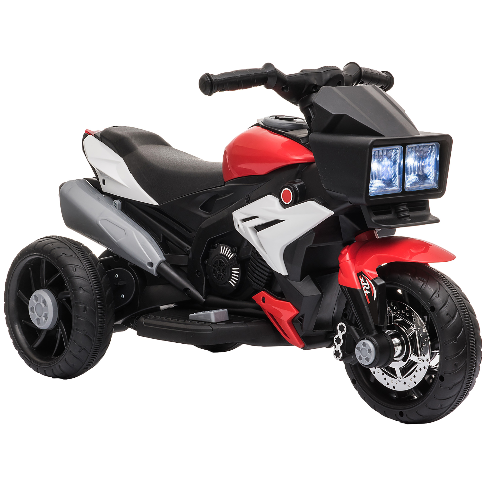 Una moto giocattolo rossa e nera con frontale nero, fari e rotelle. Su sfondo bianco.