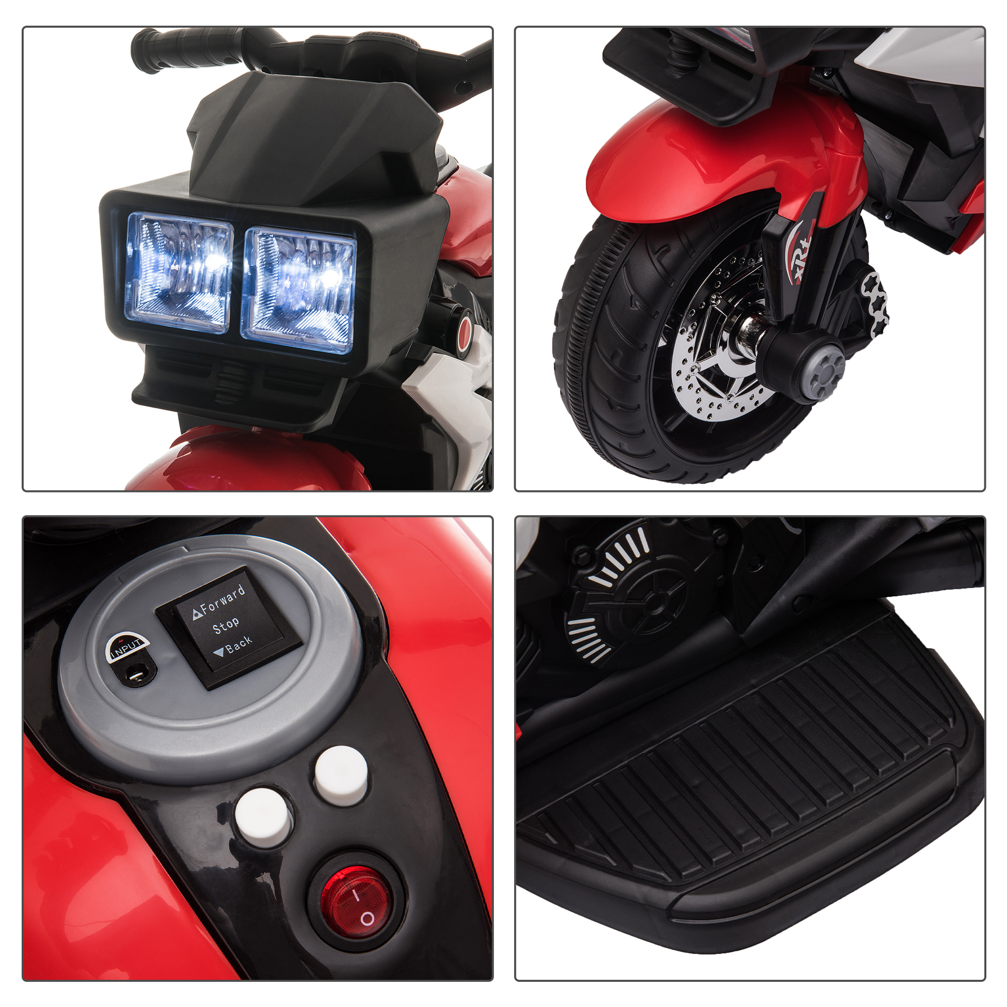 Primi piani di una moto giocattolo rossa. Compresi fari, comandi e dettagli delle ruote.