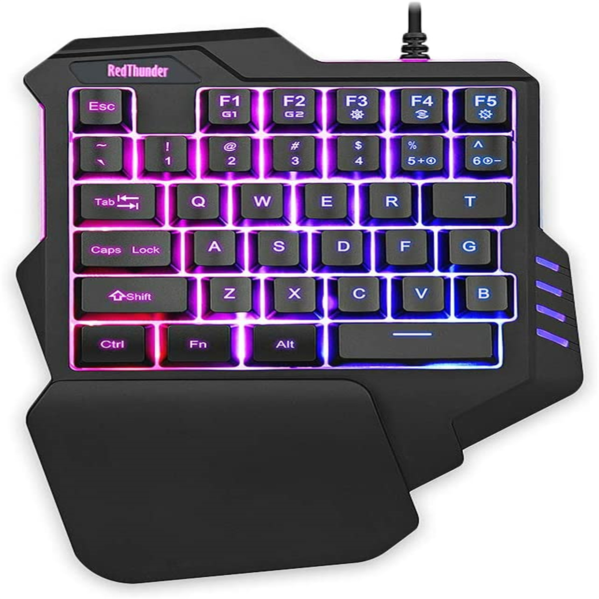 Ein schwarzes Gaming-Tastatur mit rotem Donner-Logo und verschiedenen farbenfroh beleuchteten Tasten.