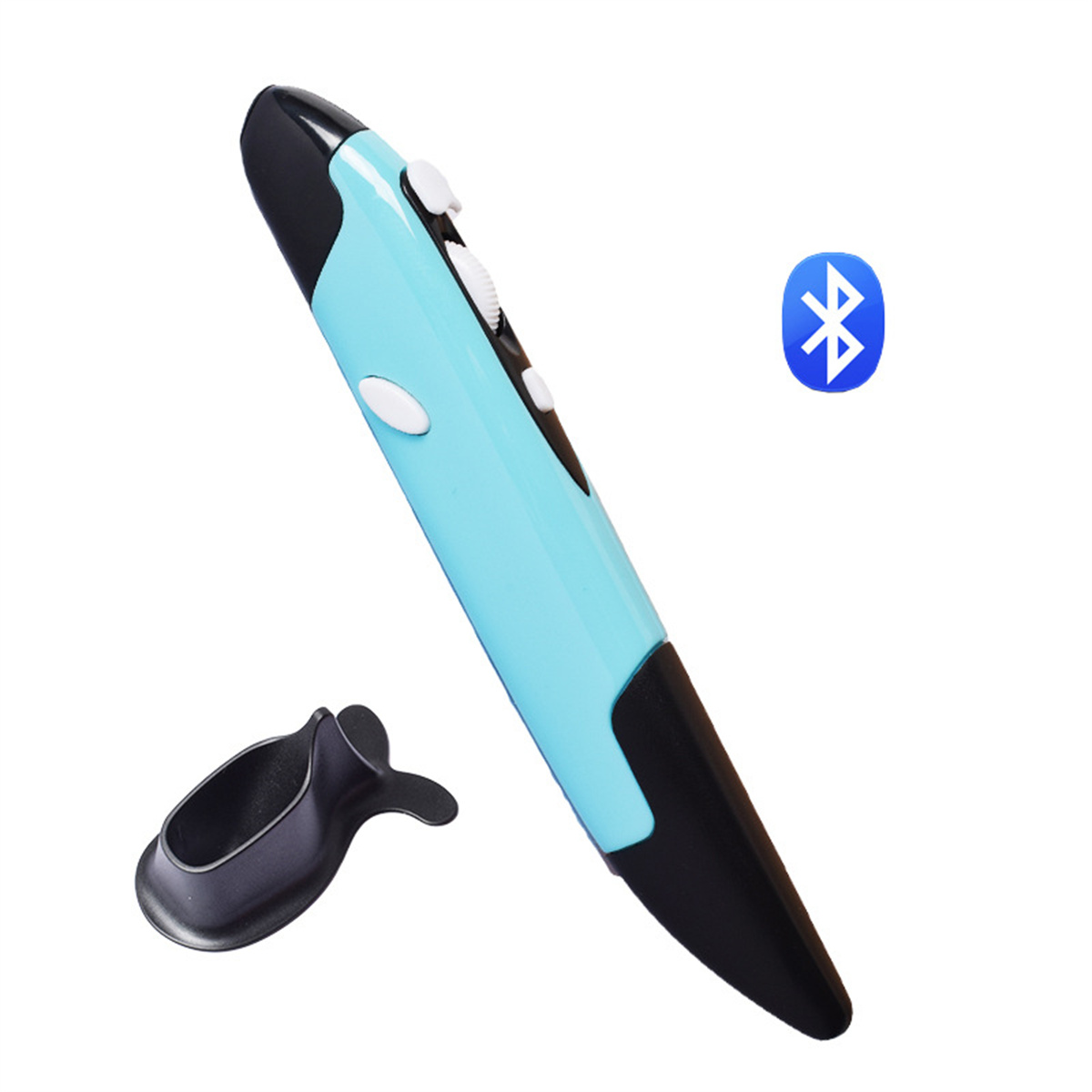 Eine blaue stiftförmige Maus mit einem schwarzen Halter. Es hat Bluetooth.