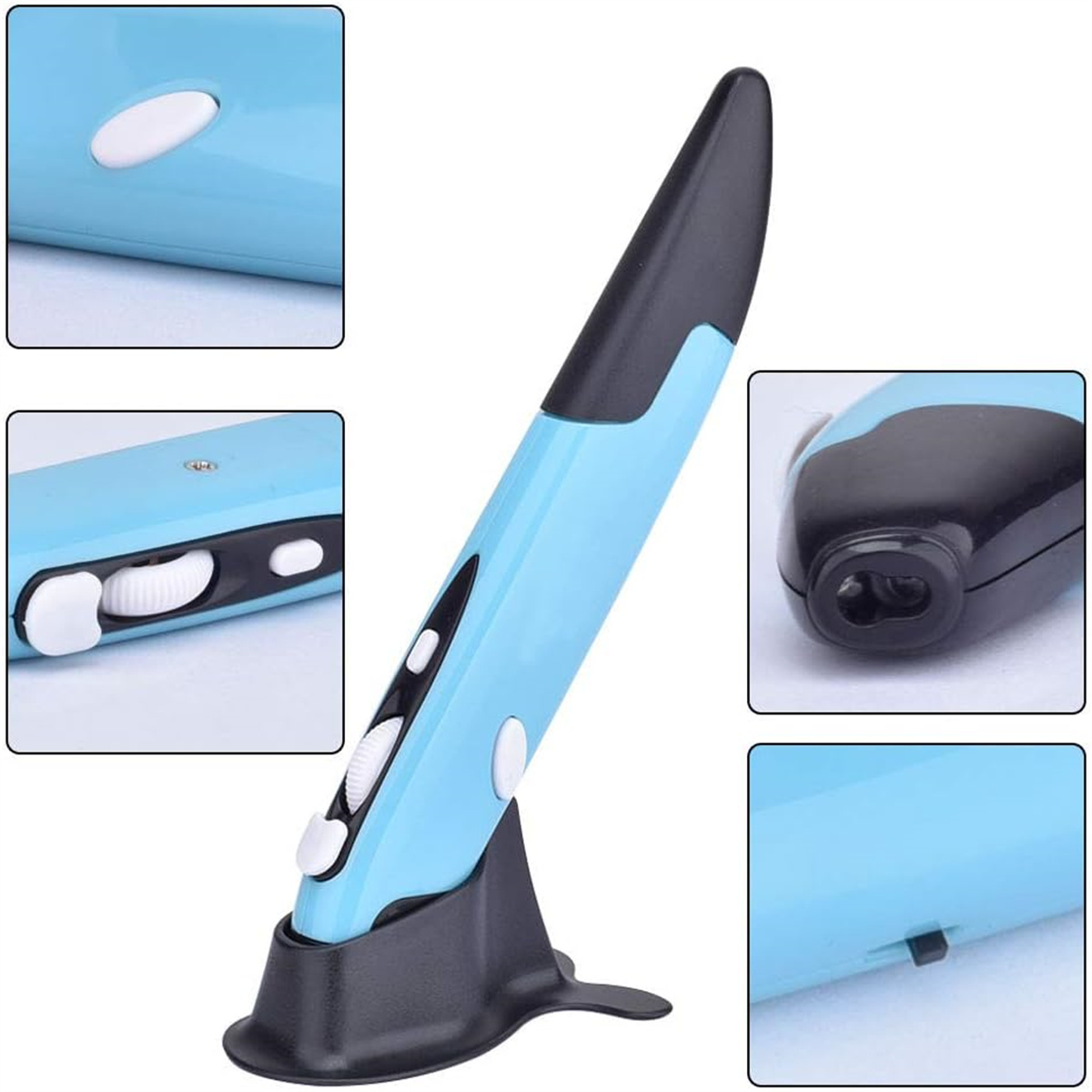 Eine blaue stiftförmige Maus mit Knöpfen und einem Ständer, aus mehreren Winkeln gezeigt.