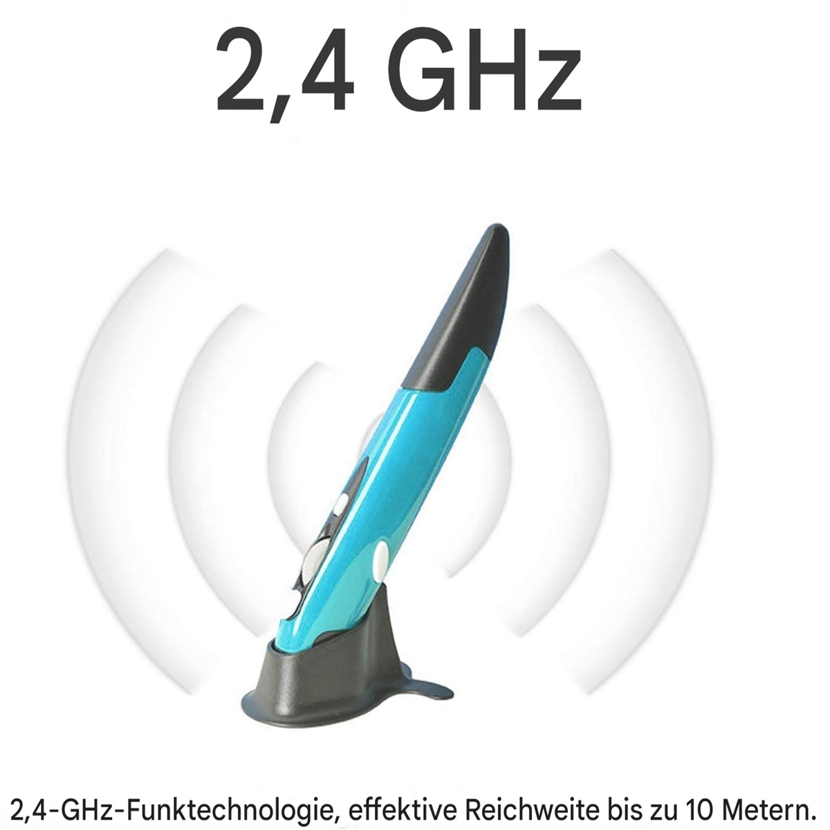 Eine blau-schwarze Stiftmaus mit Ständer, neben einer 2,4 GHz Grafik.