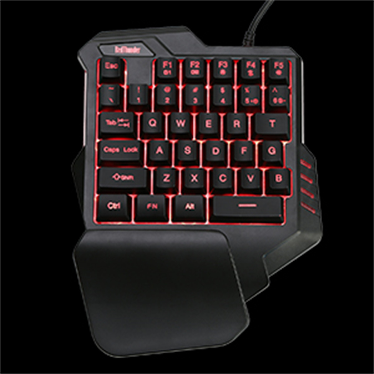 Gaming-Tastatur mit roten Tasten mit Hintergrundbeleuchtung und Handballenauflage. Die Tasten sind kompakt angeordnet.