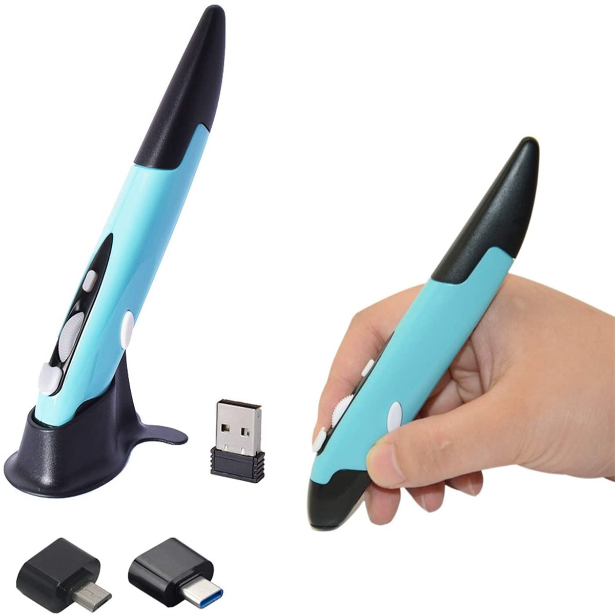 Zwei stiftförmige blaue und schwarze Computermaus, eine mit Sockel, die andere in der Hand, mit USB-Empfängern.