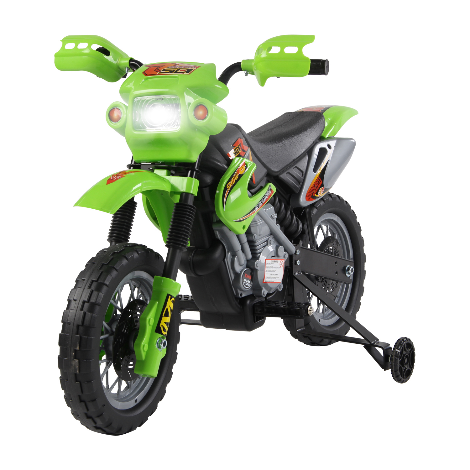Moto da cross giocattolo verde con rotelle. Ha un faro e una carrozzeria verde.