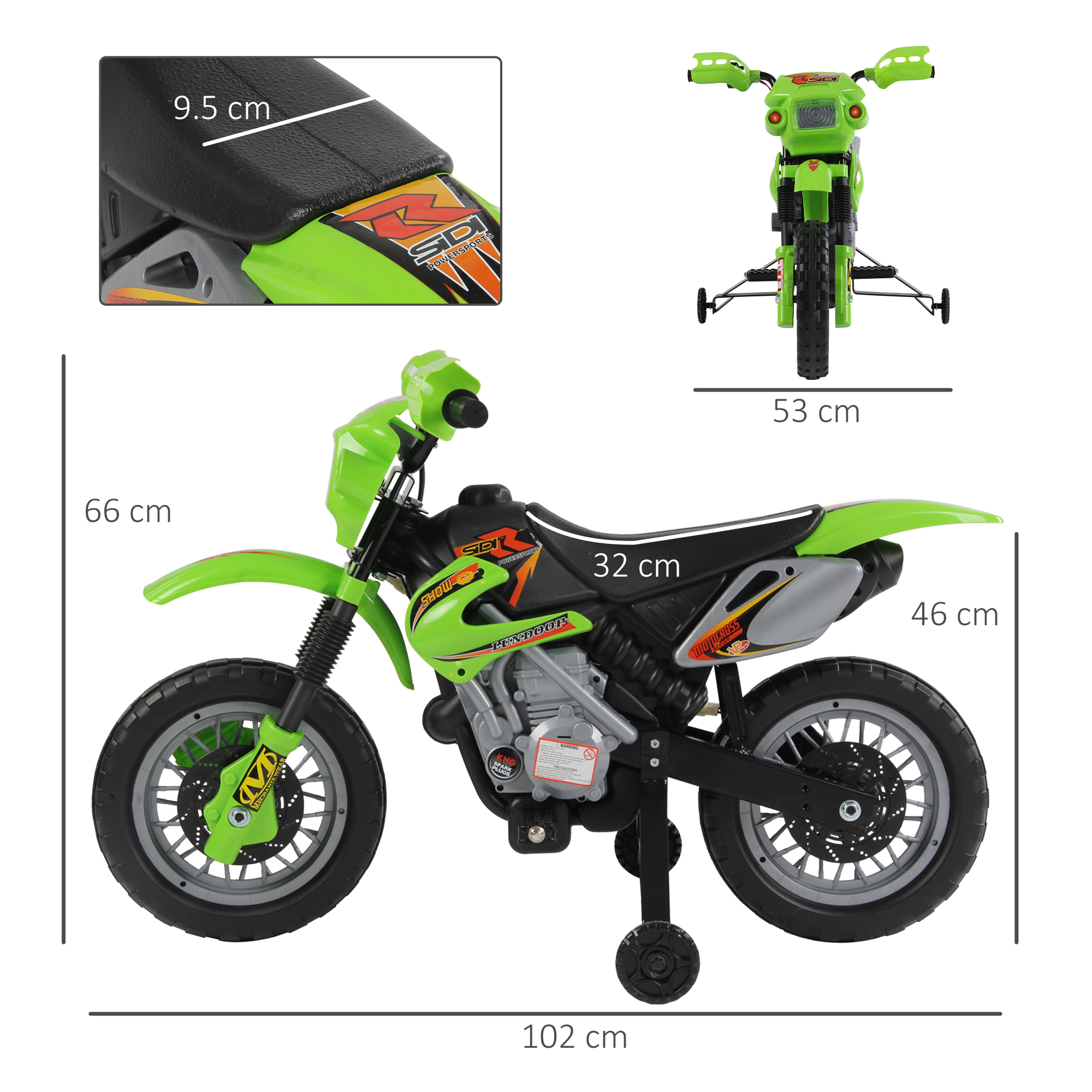 Una moto giocattolo verde con misure. Vista laterale con dettagli di sedile, ruote e dimensioni.