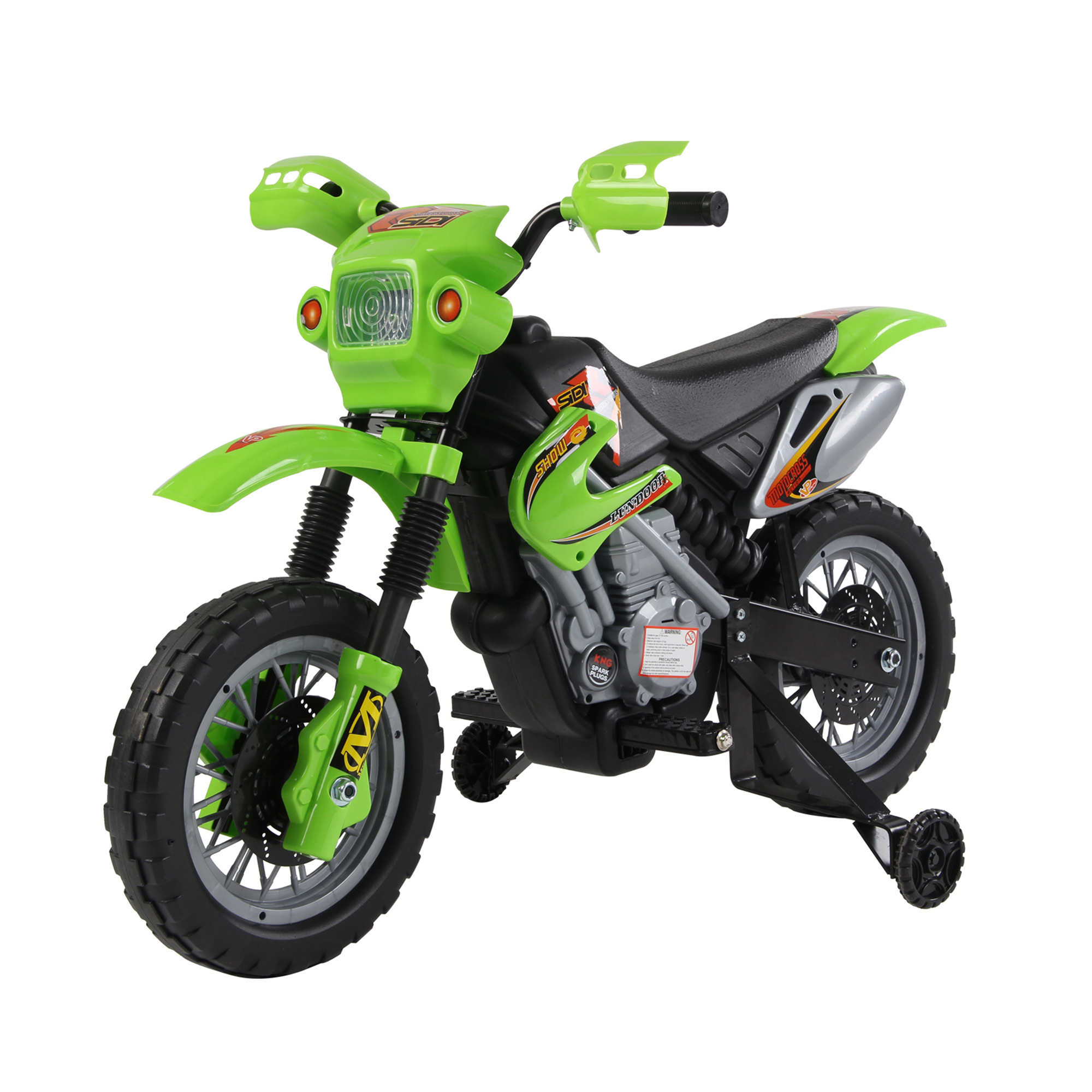 Una moto giocattolo verde con rotelle. La moto è su uno sfondo bianco.