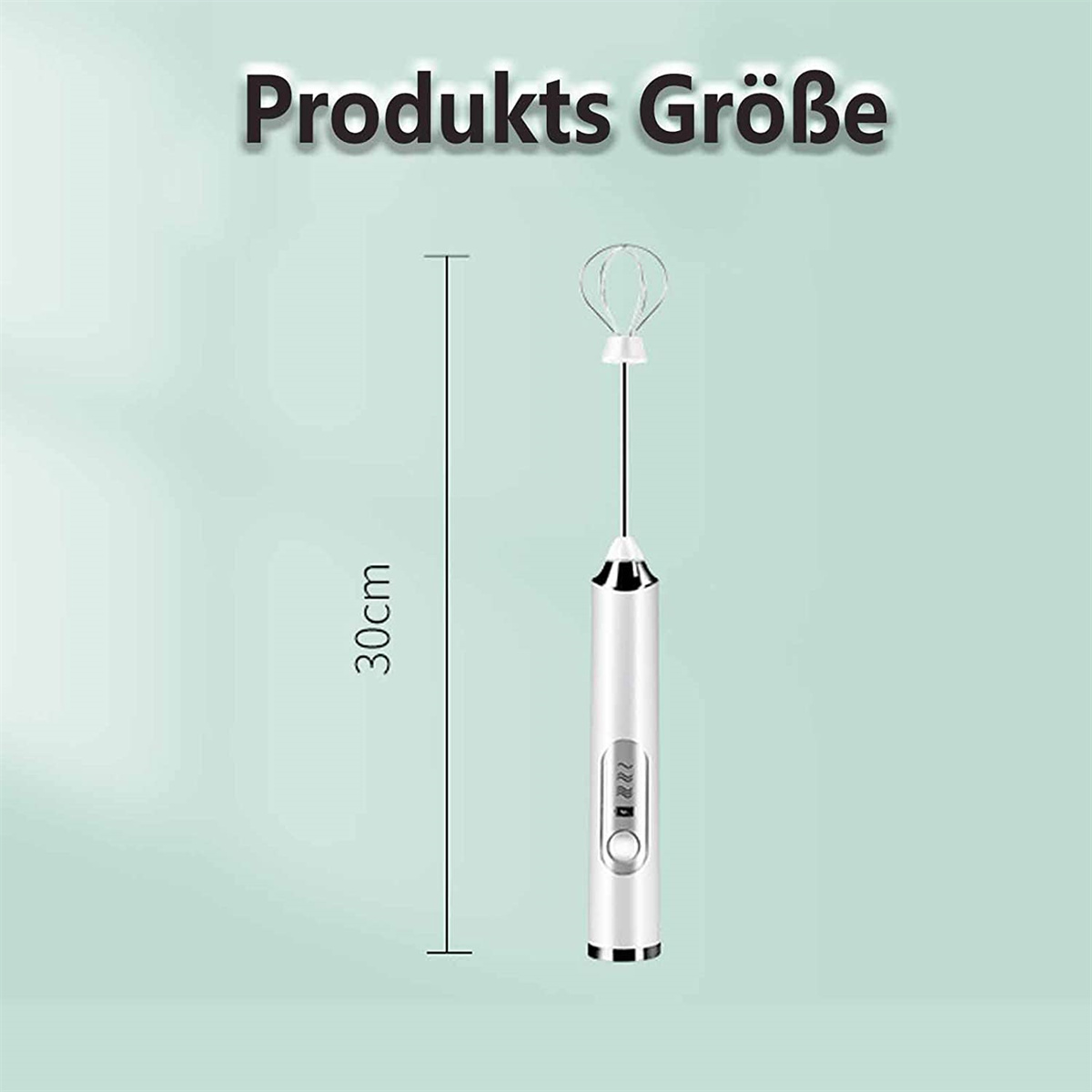 Ein elektrischer Mixer mit einer 30 cm Messlinie daneben. Der Text 'Produkts Größe' steht darüber.