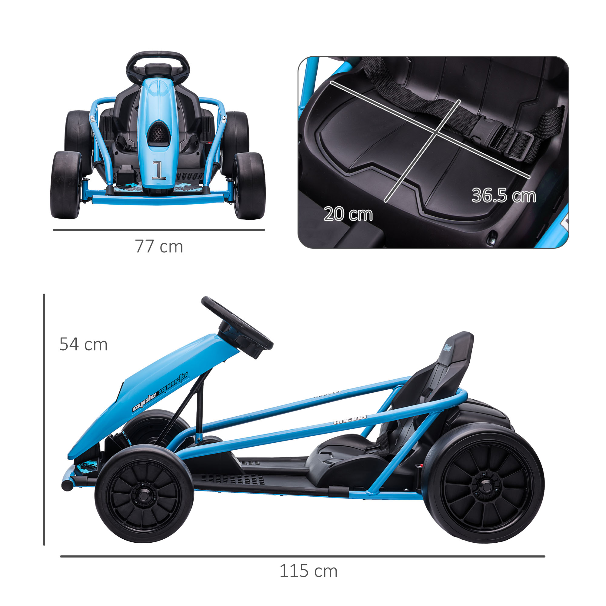 Go-kart giocattolo blu con dettagli dimensionali. Ruote e sedile neri, telaio blu.