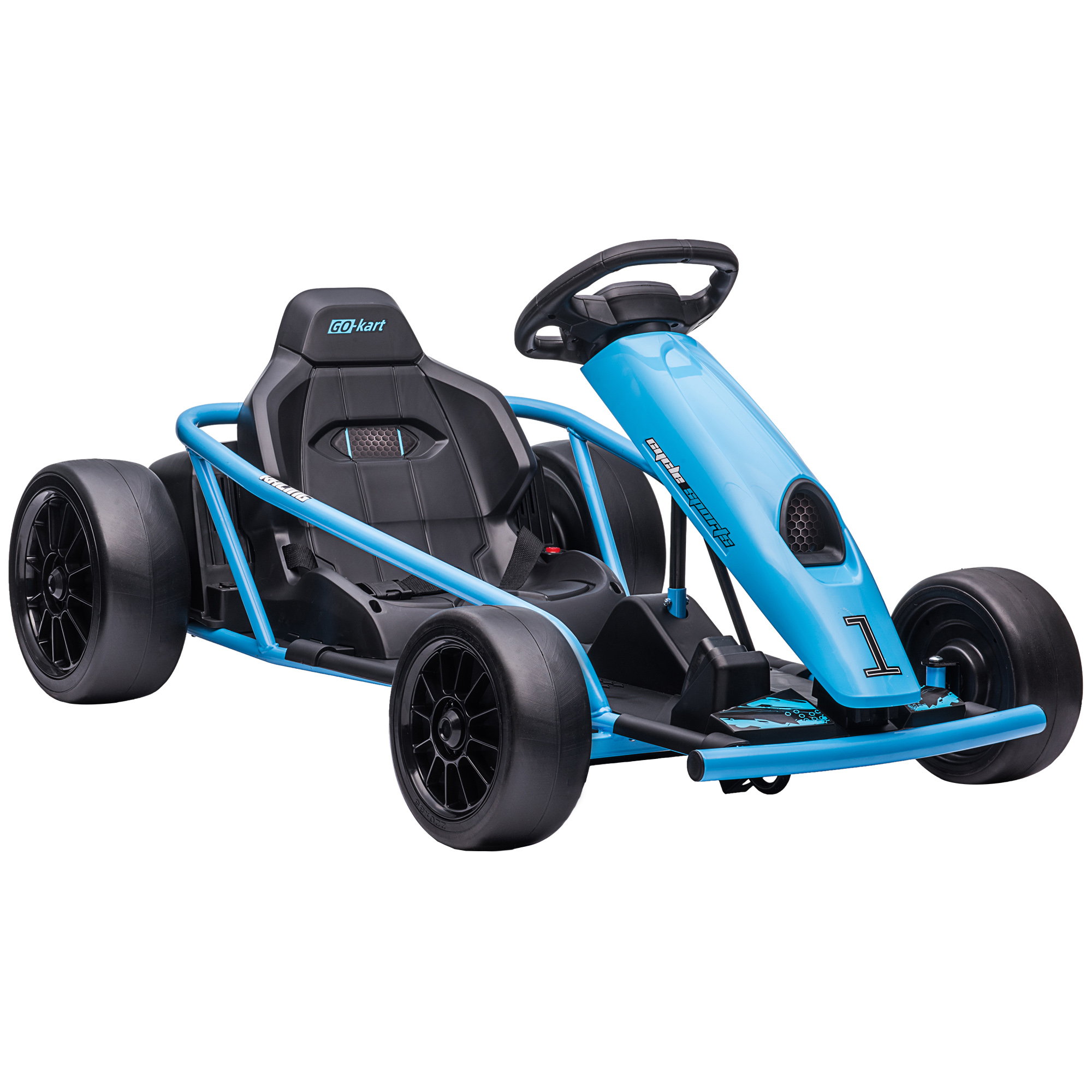 Un go-kart giocattolo blu e nero. Il kart è su uno sfondo bianco e ha un sedile nero.