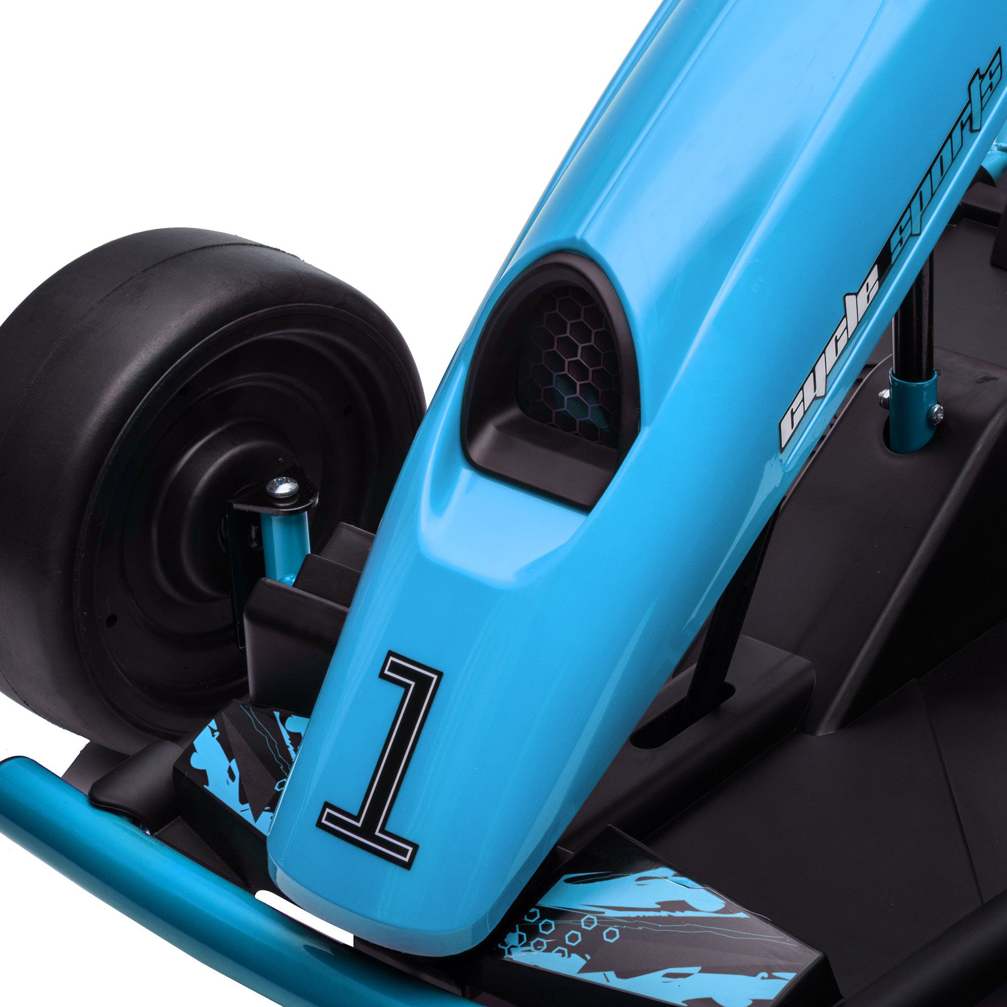 Primo piano della parte anteriore di un'auto giocattolo blu, con ruota nera e il numero 1.