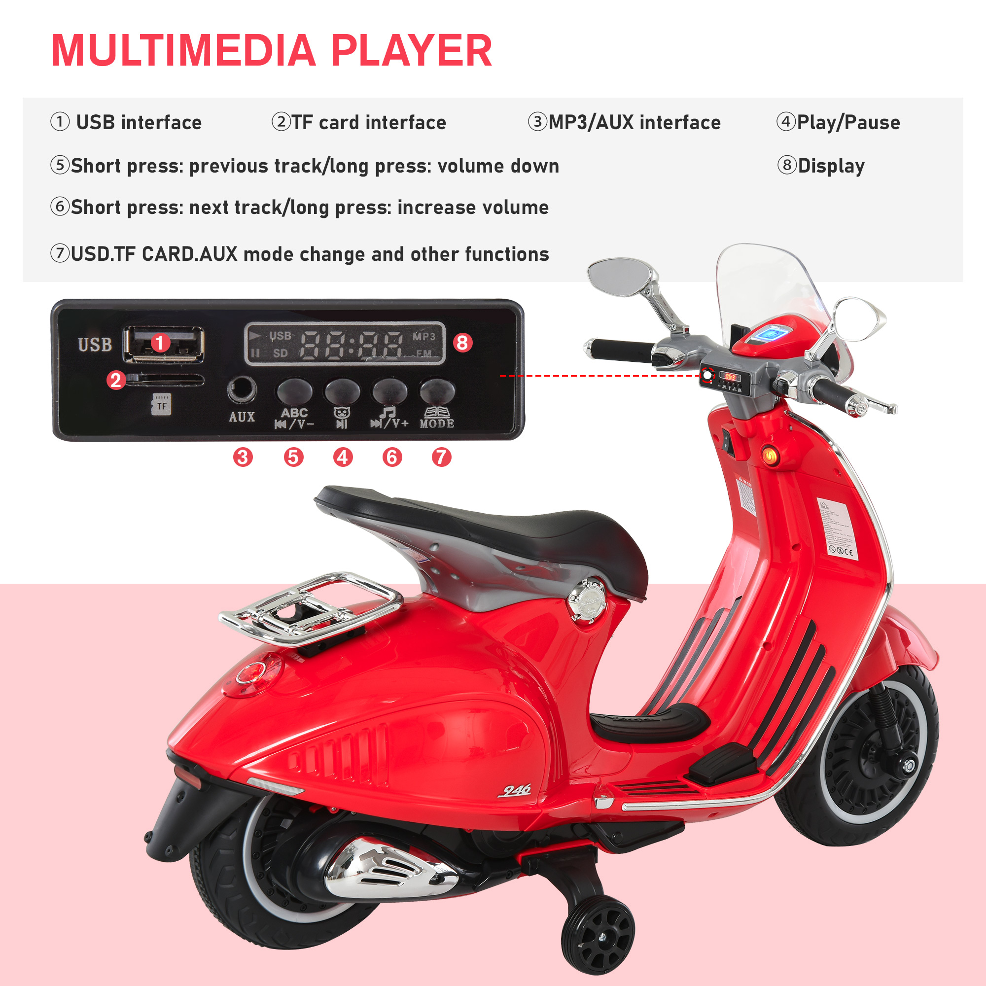 Scooter Vespa giocattolo rosso con dettagli del lettore multimediale. Mostra pulsanti e schermo sul cruscotto.