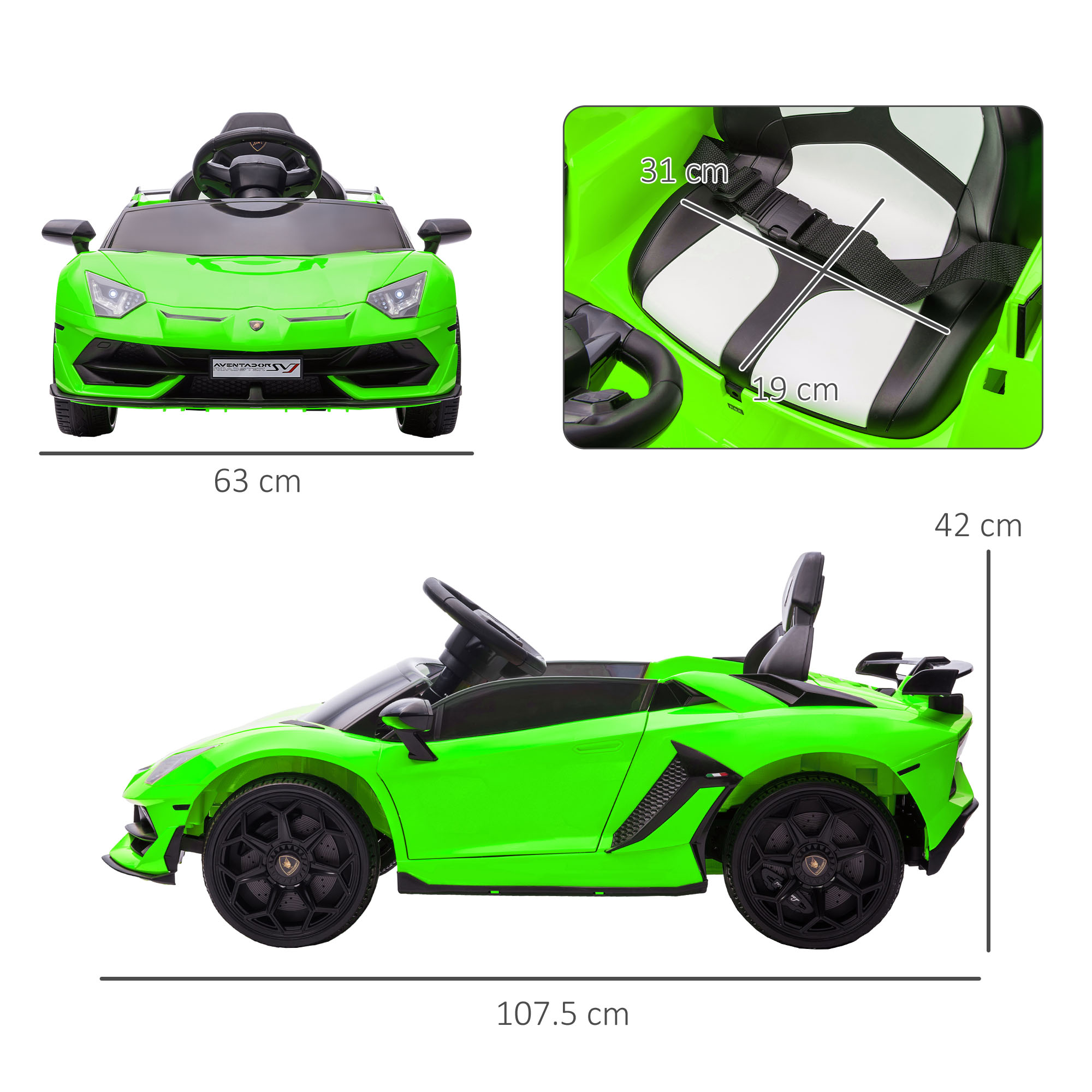 Auto giocattolo Lamborghini verde con dettagli dimensionali. Ruote e sedili neri.