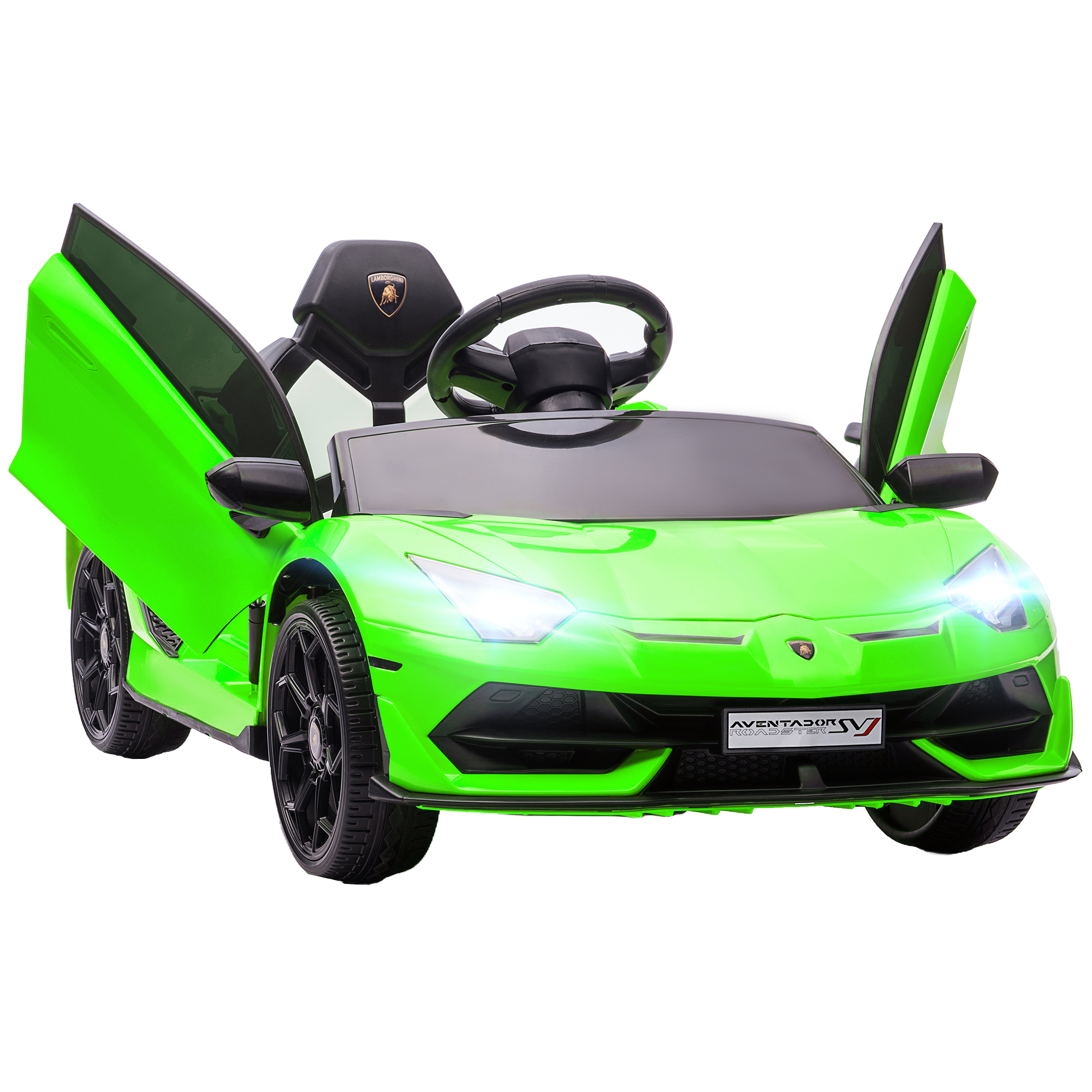 Macchina giocattolo verde con porte aperte. Interni e pneumatici neri. Fari accesi, sfondo bianco.