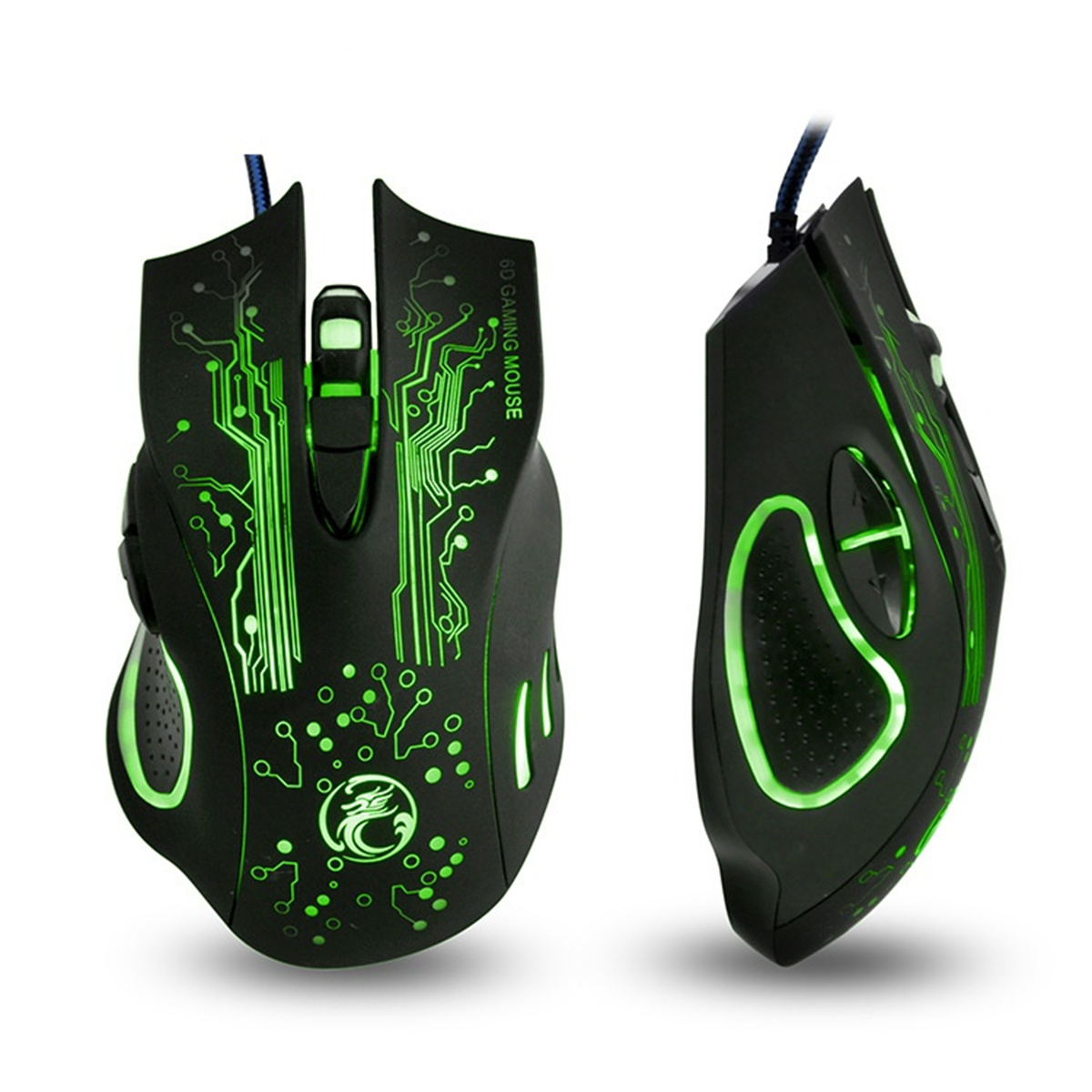 Zwei schwarze Gaming-Mäuse mit grünen Neon-Designs werden gezeigt, die Top- und Seitenansichten zeigen.