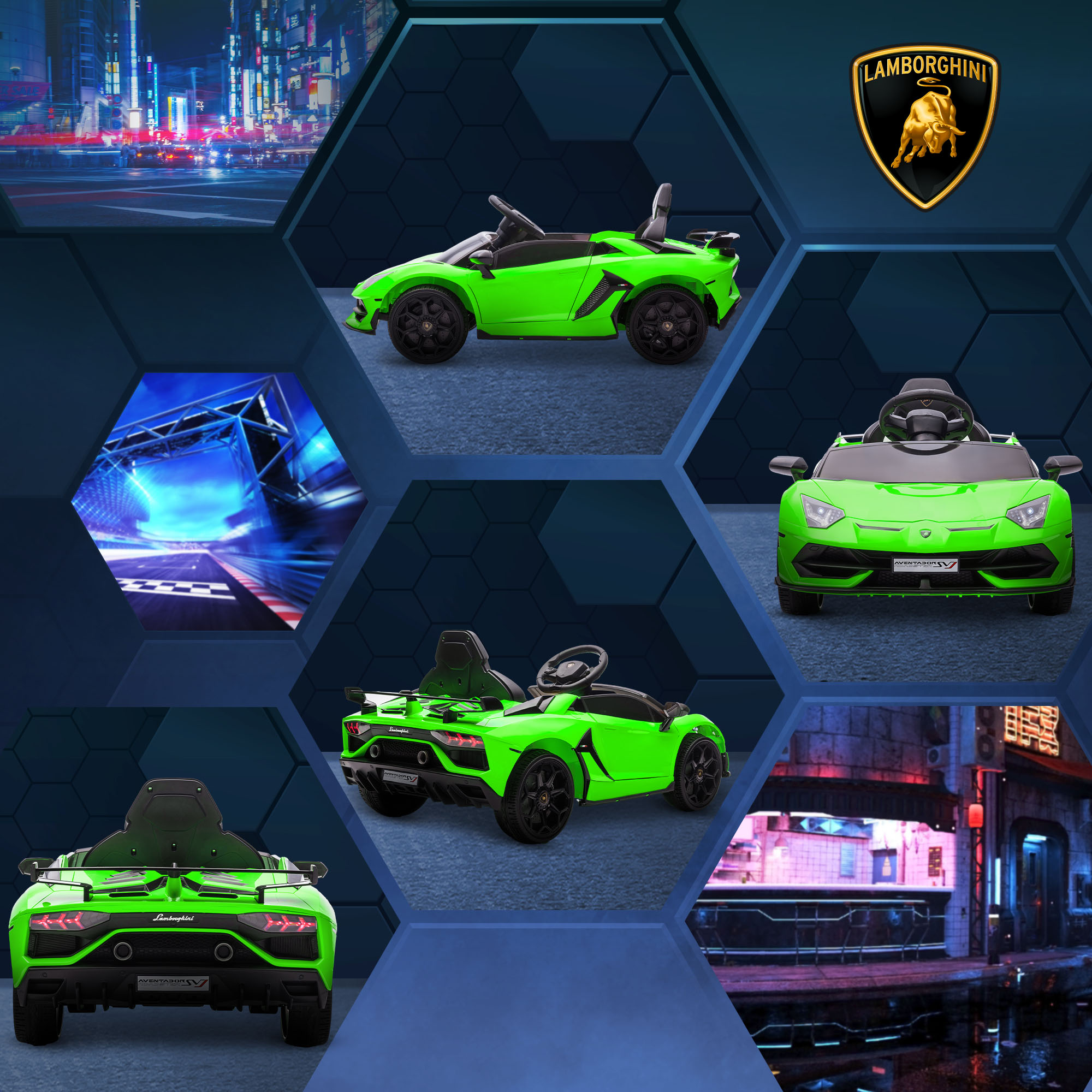 Un collage di auto giocattolo, tra cui Lamborghini verdi. Un'immagine mostra il logo Lamborghini.