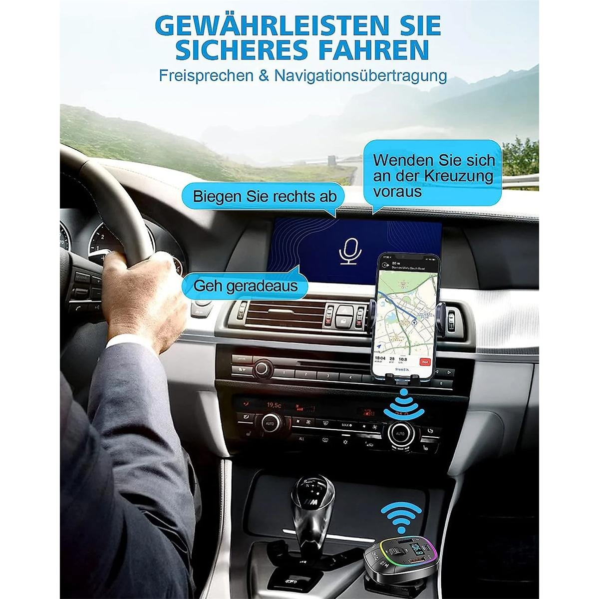 Eine Person, die ein Armaturenbrett eines Autos mit einer Telefonhalterung und Navigationsanweisungen verwendet.