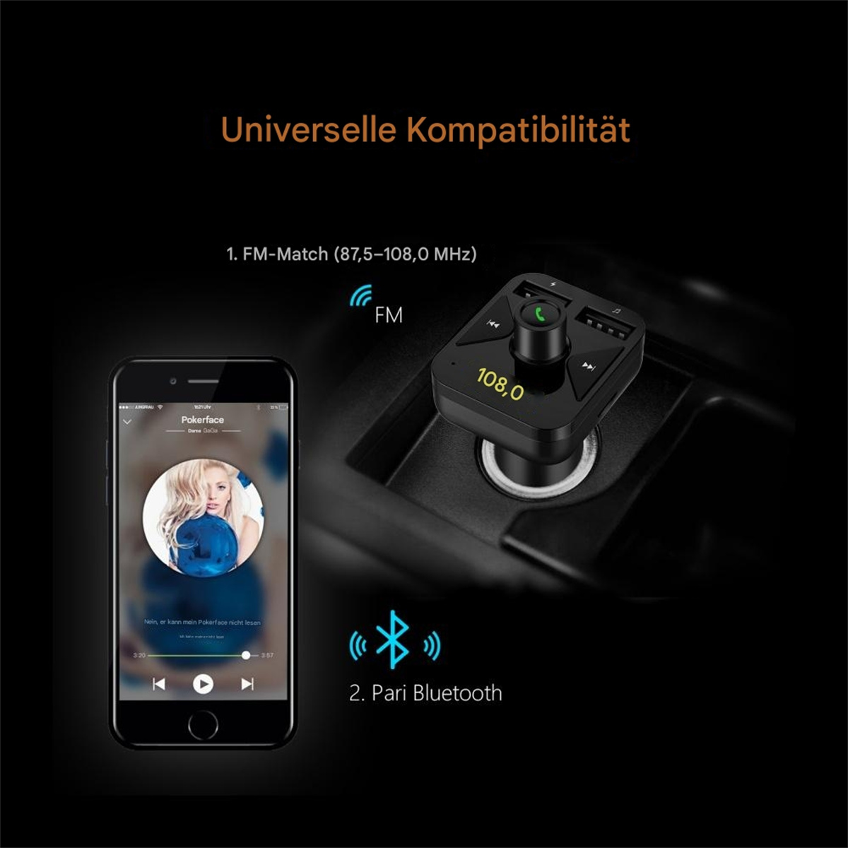 Auto-Adapter mit Musik abspielendem Telefon und Auto-Innenraum. Text über FM und Bluetooth.