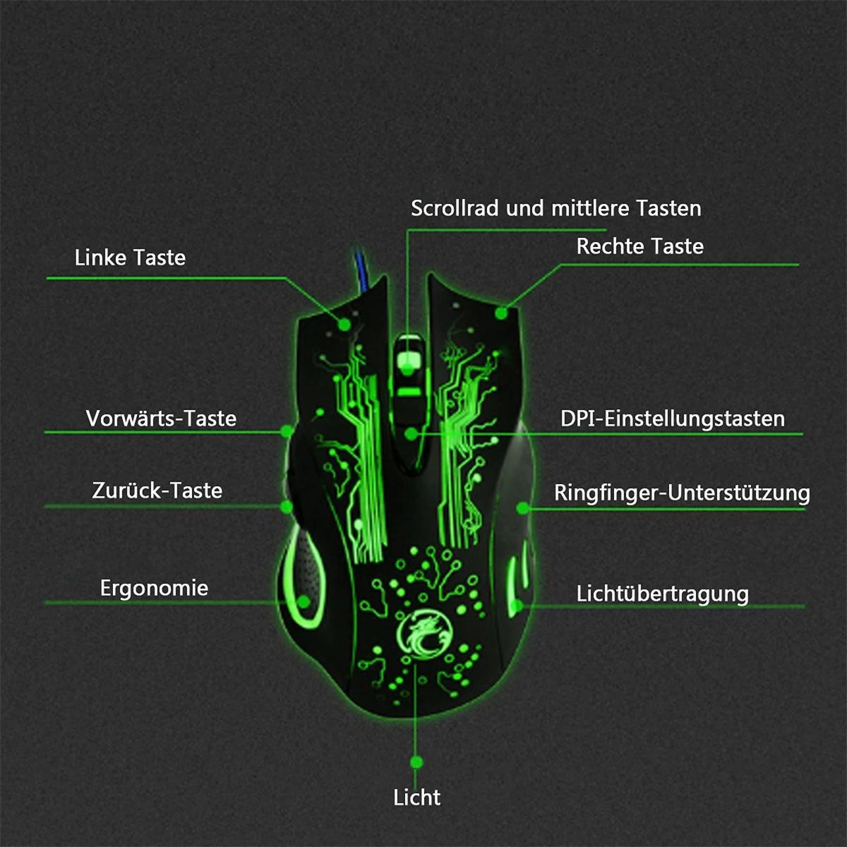 Gaming-Maus mit beschrifteten Tasten und leuchtend grünem Design auf Schwarz.