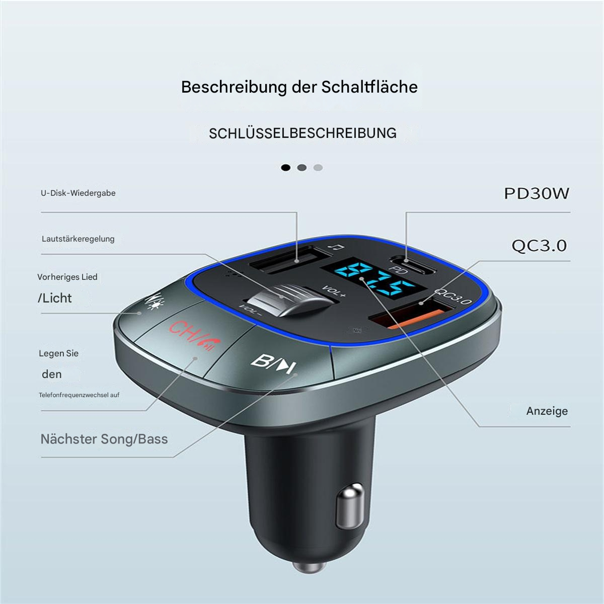 Schwarzes und silbernes Autoladegerät mit Digitalanzeige und Anschlüssen.