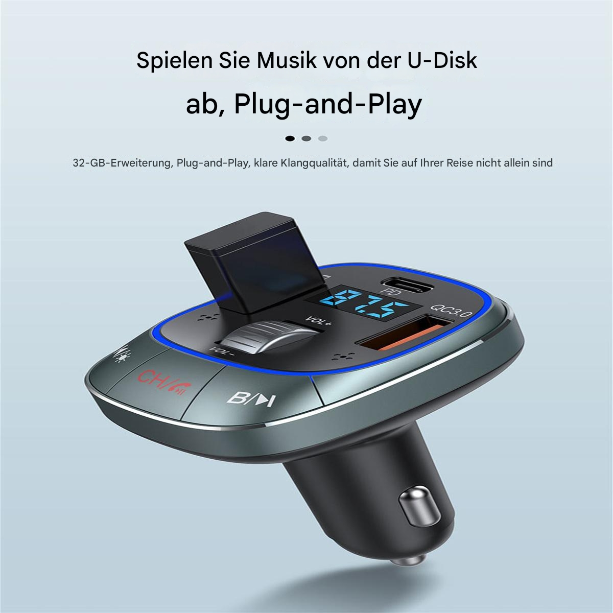 Ein Autozubehör mit Bildschirm, USB-Anschluss und Tasten. Text: Musik von U-Disk abspielen, Plug-and-Play.