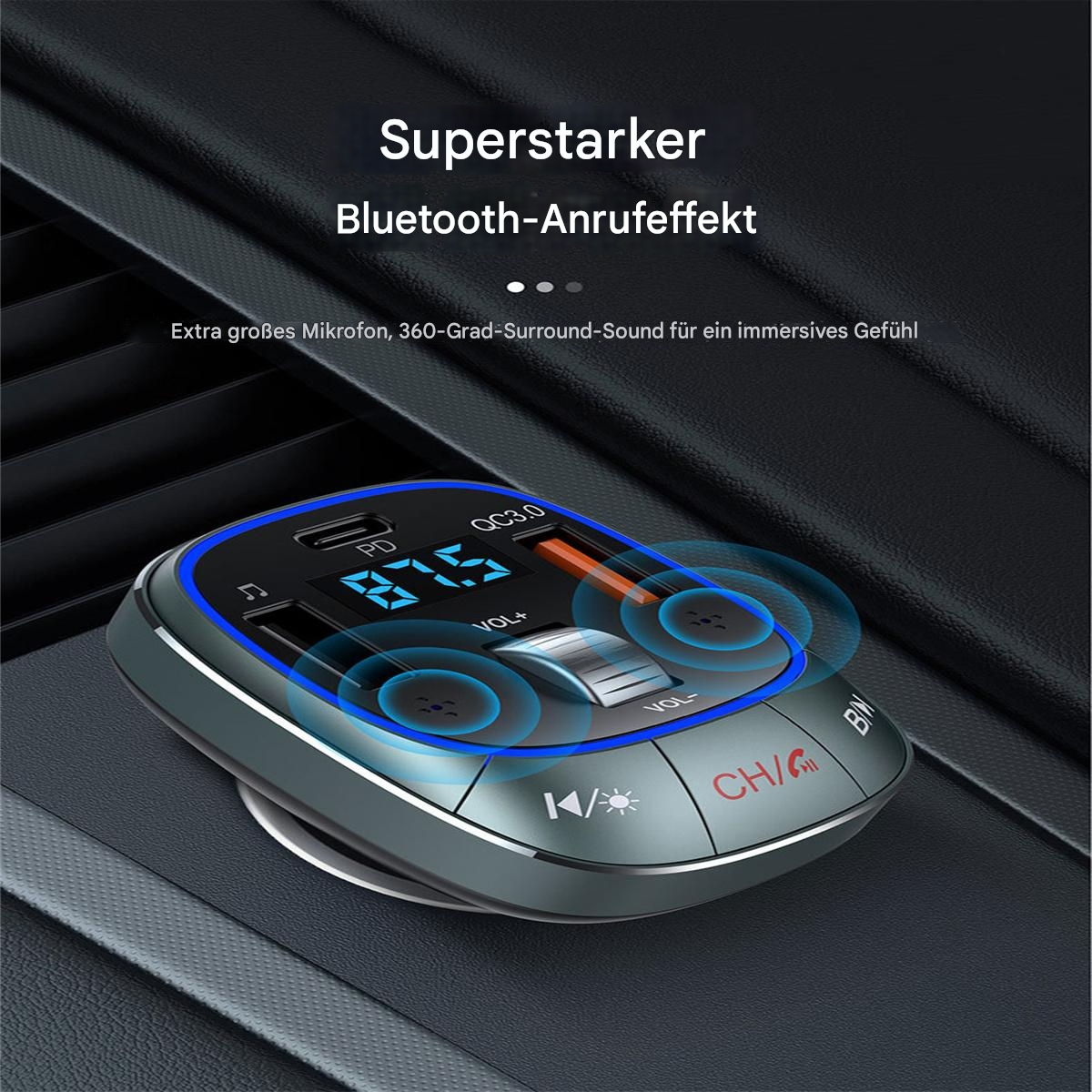 Autozubehör mit Bildschirm, Knöpfen und blauem Licht, mit Text oben.
