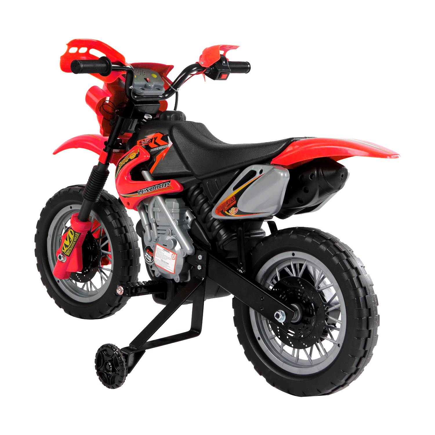 Moto giocattolo rossa e nera con ruote di allenamento. Sfondo bianco.