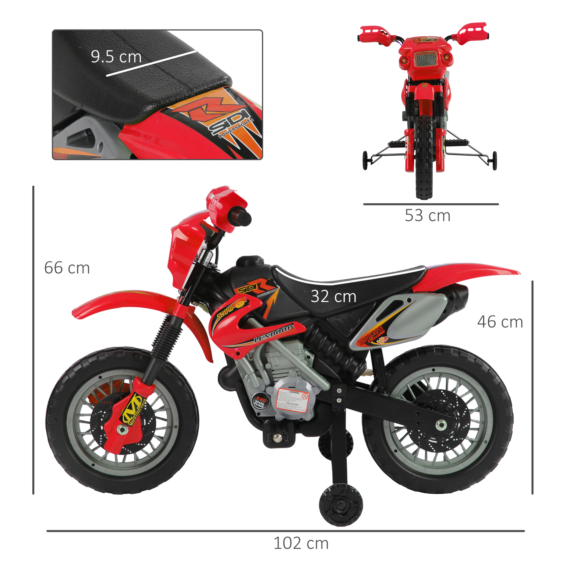 Moto da cross giocattolo rossa con dimensioni. Colori nero e rosso. Le dimensioni sono indicate. Sfondo bianco.