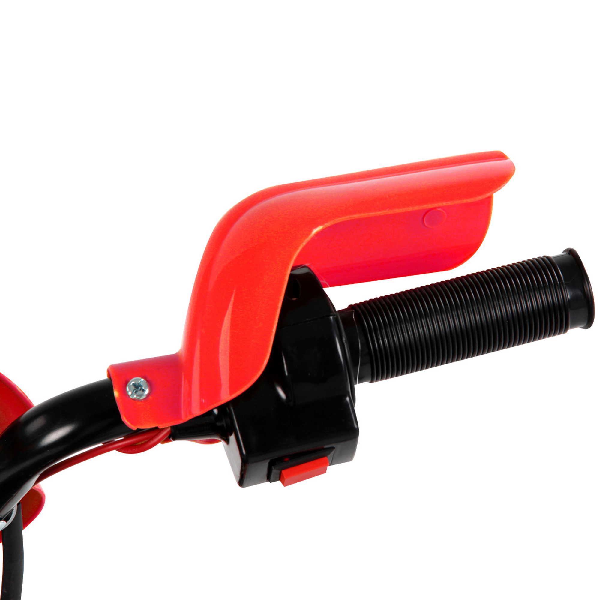 Primo piano di un manubrio rosso di una moto con impugnatura nera, protezione freno rossa e pulsante rosso.